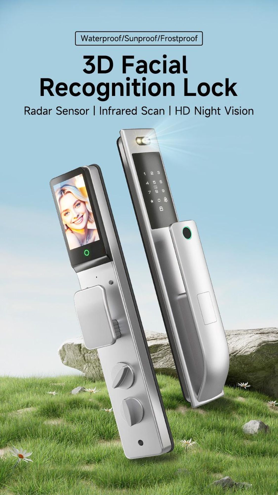 ZELURXX Outdoor Wasserdichte Gesichtserkennung Smart Türschloss, Fingerabdruck, Passwort, Fernbedienung, automatische Installation