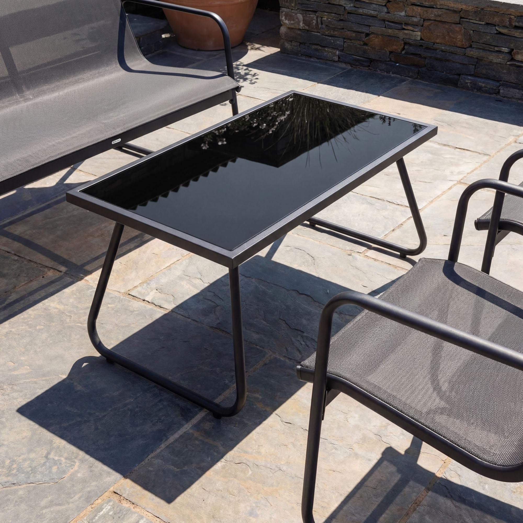 di volio Gartenlounge Set VIESCO - Grau, moderne Gartenmöbel aus wetterfestem Texilene, Lounge Set mit 2-Sitzer Sofa, 2 Sesseln und Glastisch
