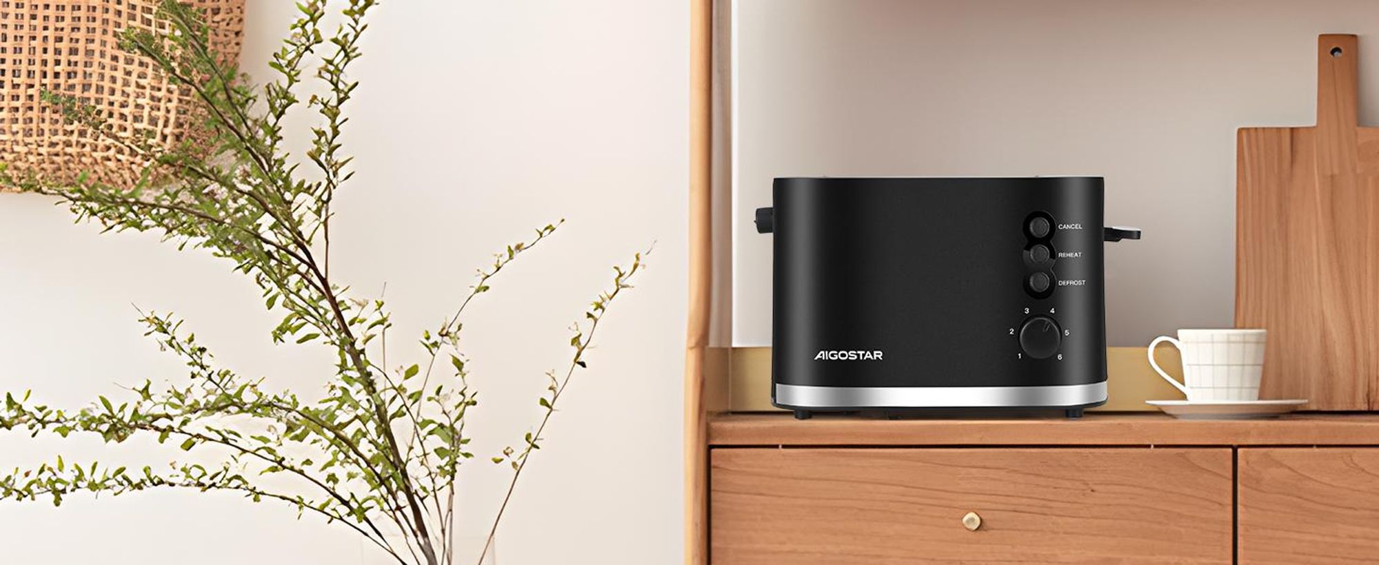 Aigostar - Toaster 2 Scheiben, extra breite Toastschlitze, 6 Bräunungsstufen,800W