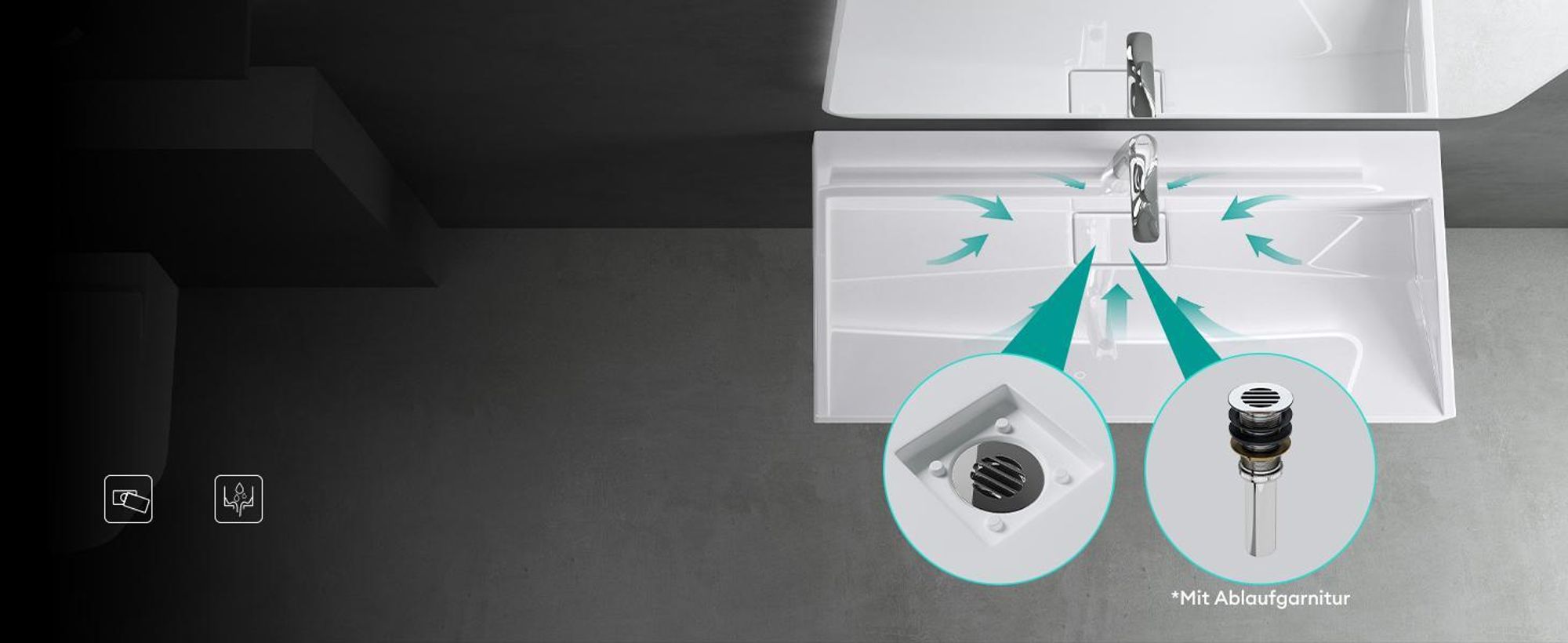 Mai & Mai Waschbecken Aufsatzwaschbecken matt Weiß Hänge-Waschtisch Rechteckig ohne Armaturenloch Breite: 100cm inkl. Ablaufgarnitur Col19