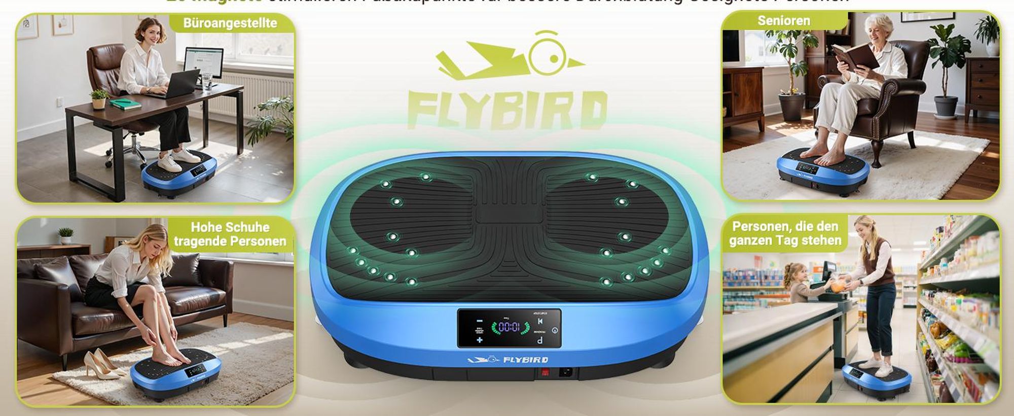 FLYBIRD Vibrationsplatte,120 Leistungsstarke einstellbare Geschwindigkeiten mit 150KG Tragkraft
