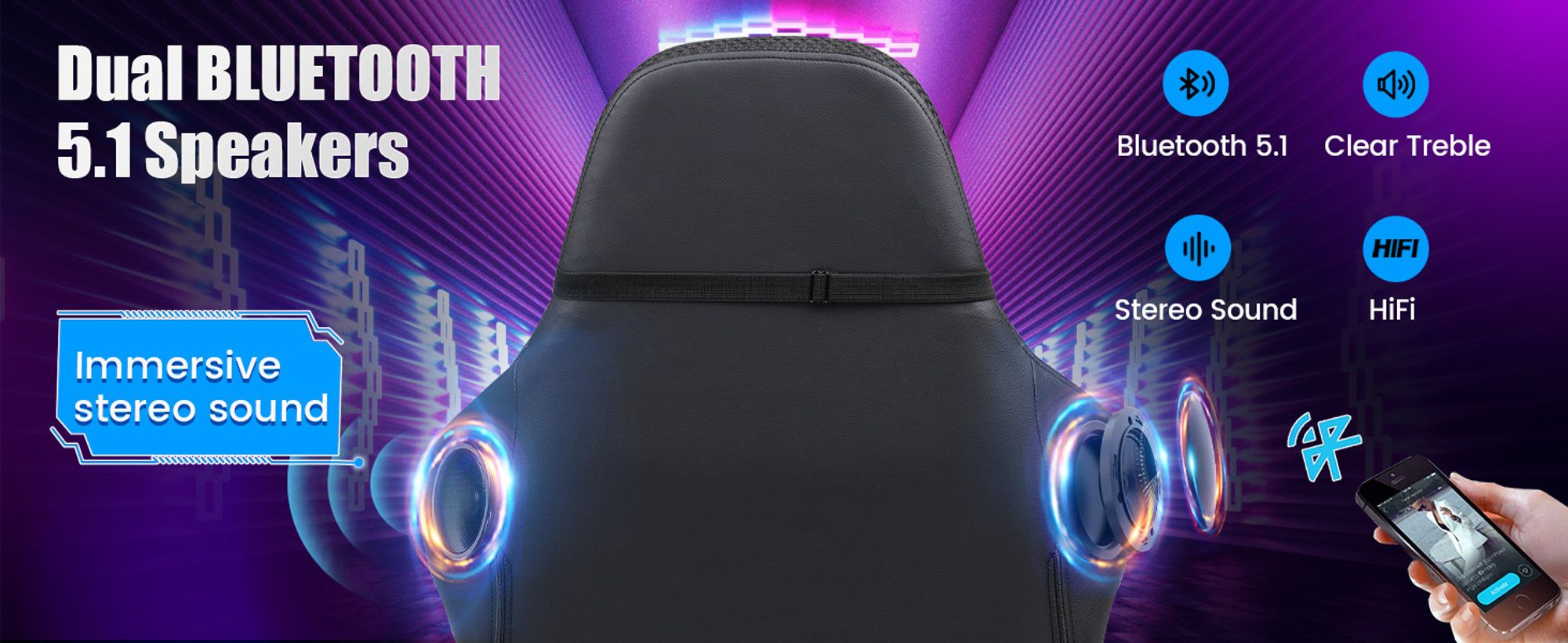 GTPLAYER Gaming Stuhl mit Lautsprecher und LED, Bürostuhl Gaming Chair Gamer Stuhl, Rückenlehne mit Aufbewahrungstasche Ergonomischer PC Stuhl schwarz