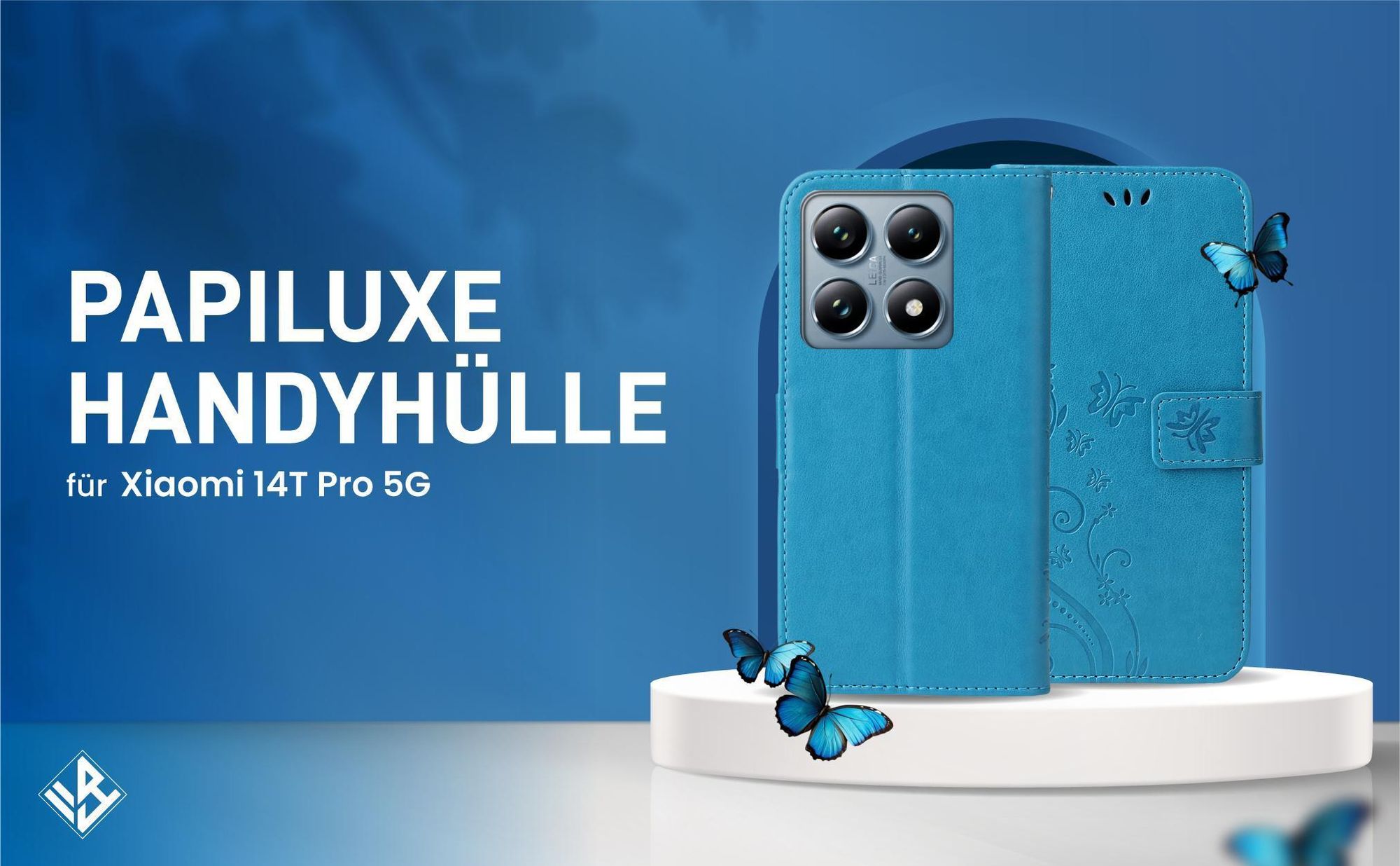 Blaue Klapphülle im Schmetterling Design für Xiaomi 14T Pro mit Wallet-Funktion