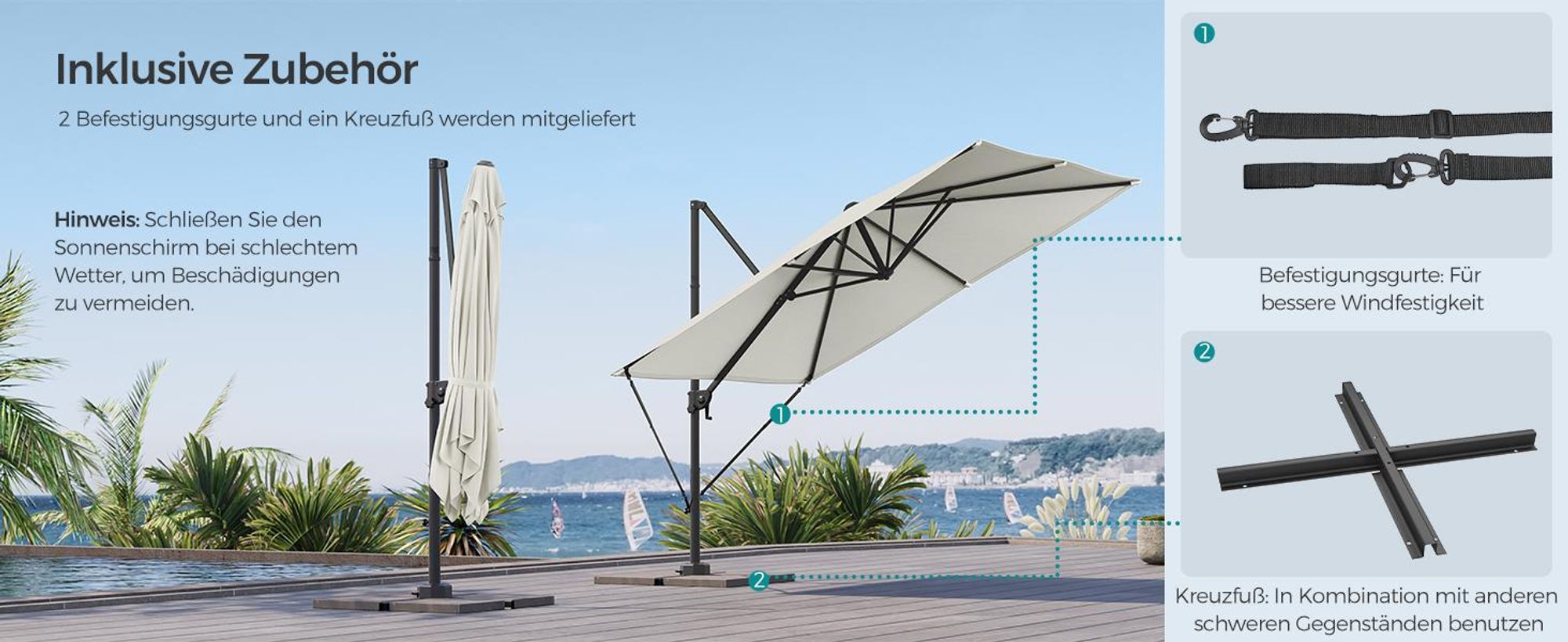 SONGMICS Sonnenschirm, 270 x 270 cm, UPF 50+, Gartenschirm, um 360° drehbar