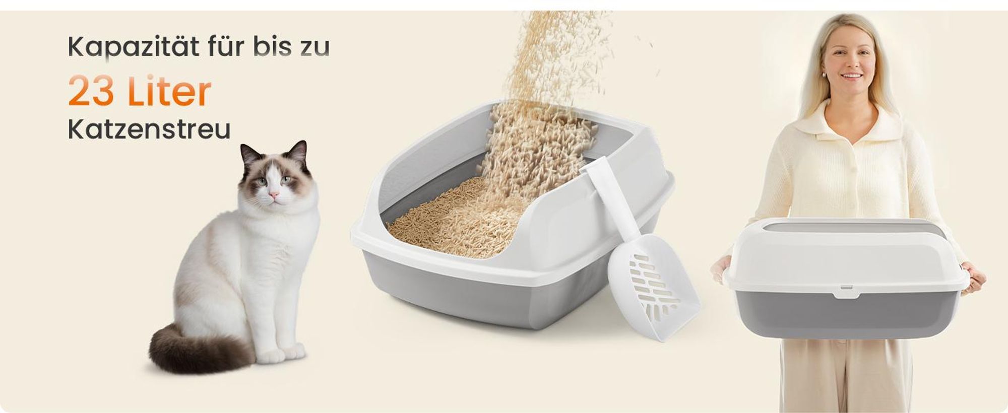 Feandrea Katzenklo mit hohen Seitenwänden, XXL, offene Katzentoilette, mit Schaufel, für Kätzchen und große Katzen, wolkenweiß