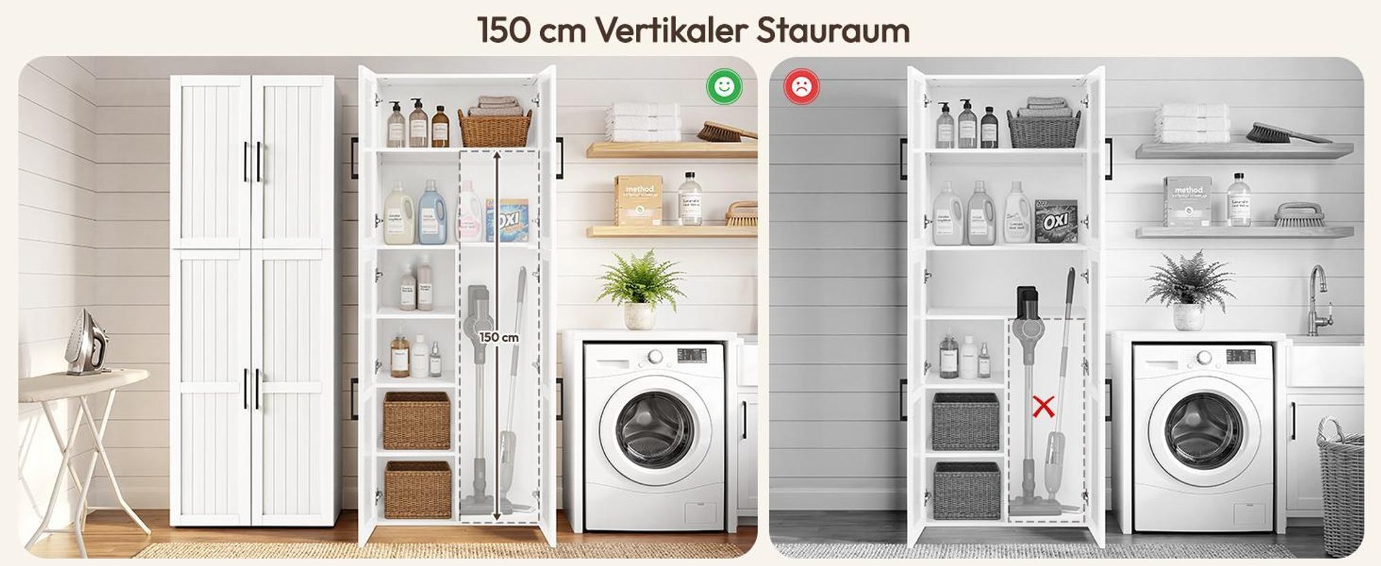 Yaheetech 175,5 cm H Mehrzweckschrank 37,5 cm tiefer Besenschrank für Staubsauger, Vorratsschrank Aufbewahrungsschrank mit 4 Türen, Weiß