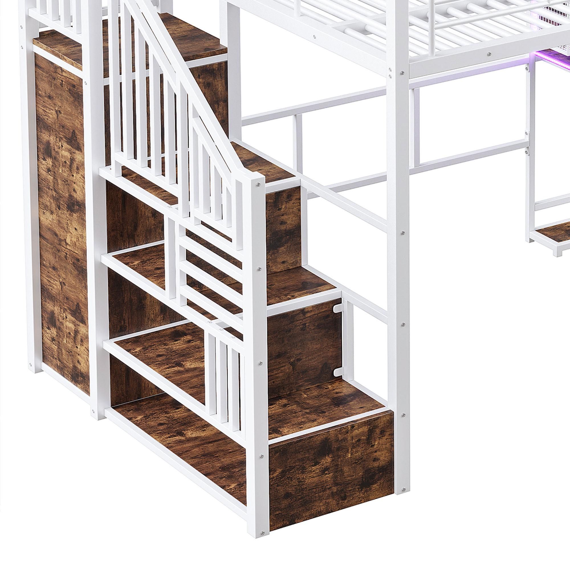 Merax Etagenbett Hochbett 140x200 cm, mit LED, Schreibtisch, Kleiderschrank, Ablageleiter, Regale, Metall Stockbett, Kinderbett, Weiß