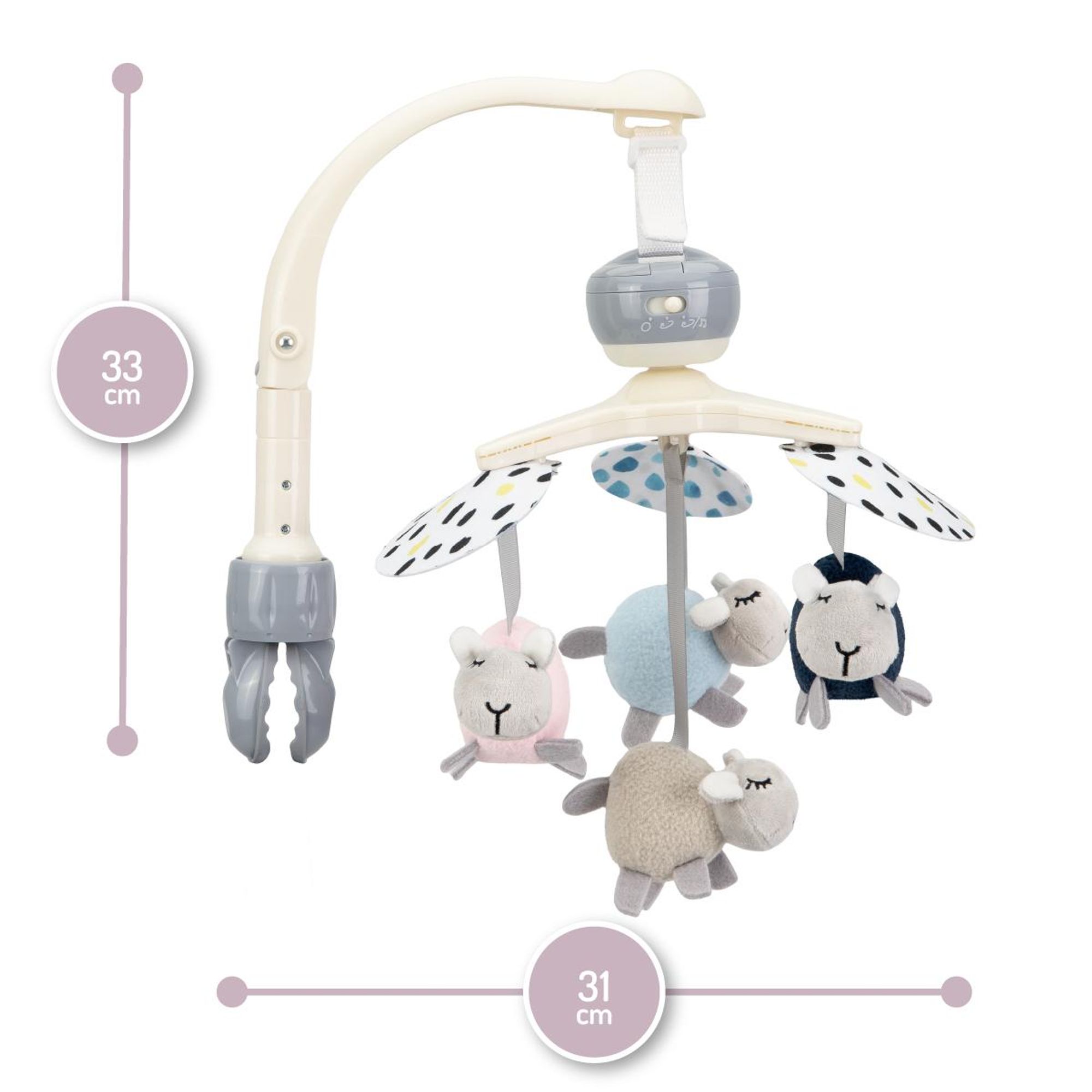 MoMi KIKI - Mobile Kinderbett Karussell für Baby - 4 sensorische Spielzeuge, 5 Melodien, Rasseln - Spieluhren