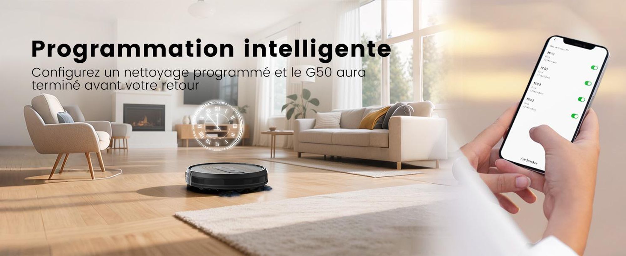 Robot aspirateur AIRROBO G50, puissance d'aspiration de 4 000 Pa,via application, autonomie de 120 minutes, grand bac à poussière de 600 ml, robot aspirateur optimisé pour les tapis et les poils d'animaux