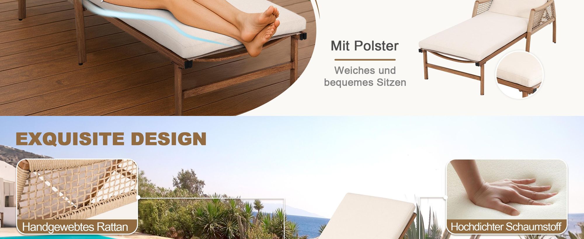 Avestar Sonnenliege, verstellbare Rückenlehne mit Kissen, handgeflochtene Rattan-Armlehnen und handgebürstetes Aluminium, Beige
