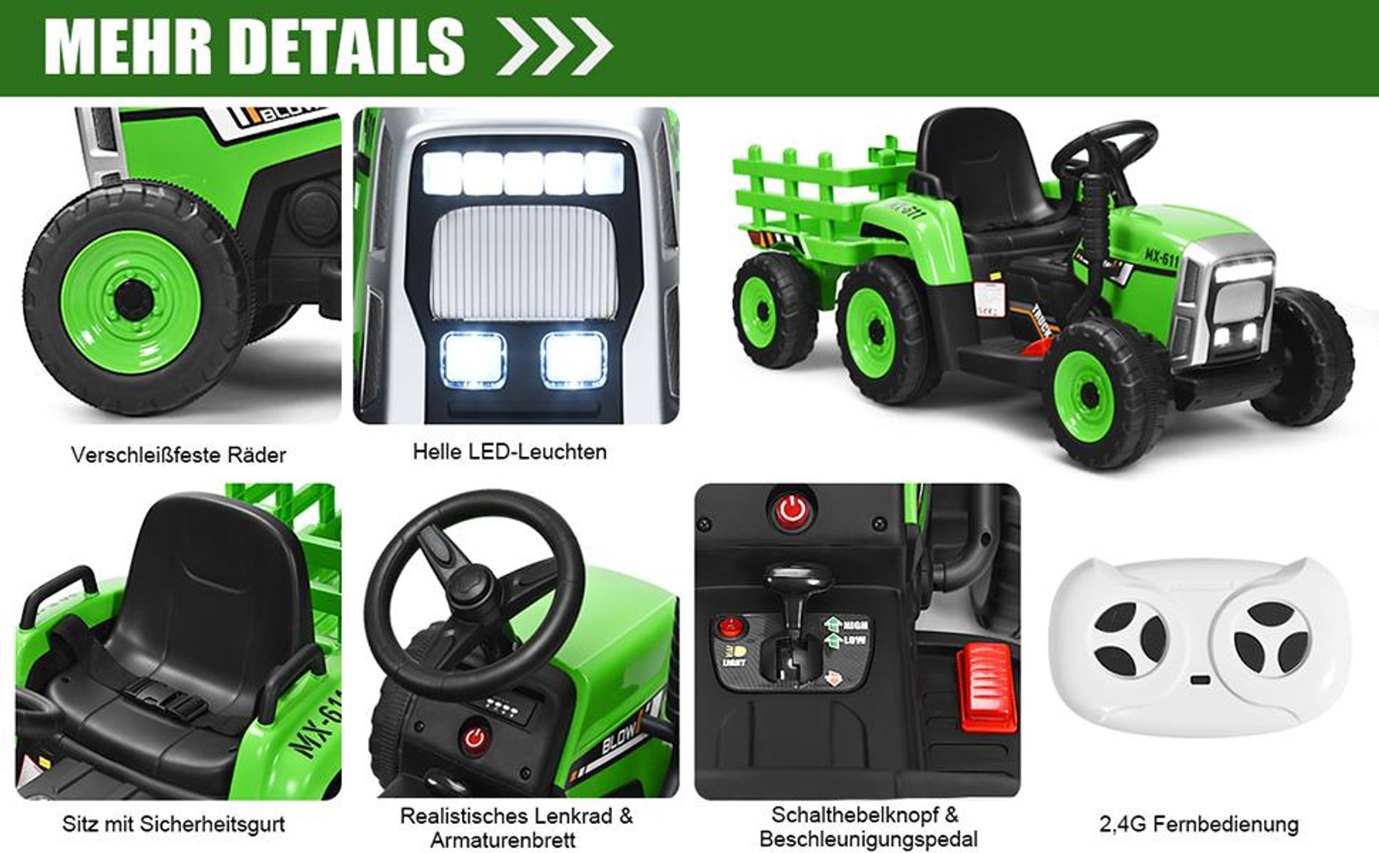 COSTWAY 12V 3-Gang 3-8KM/H Kinder Elektroauto Traktor mit abnehmbarem Anhänger, 2,4-GHz-Fernbedienung, LED Lichtern, Musik&USB, für Kinder 3+ Grün