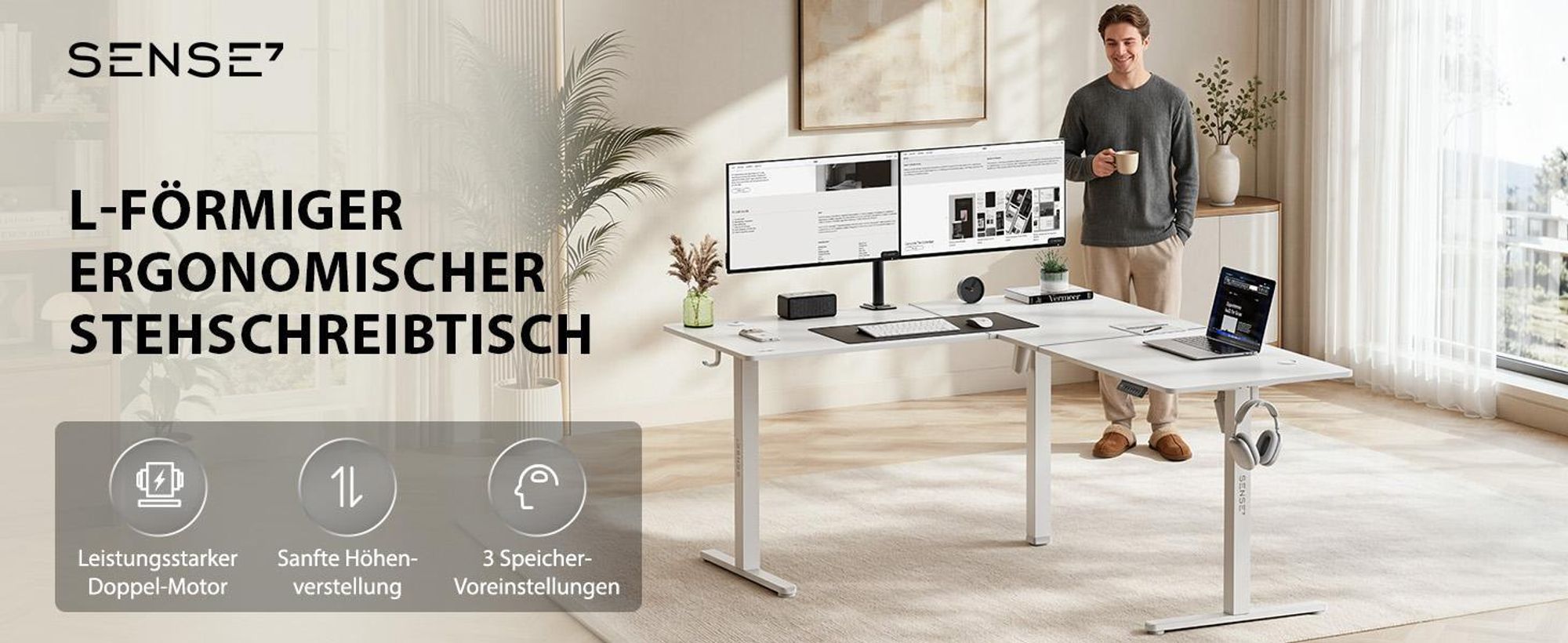 SENSE7 NOJO Light Corner Eckschreibtisch Elektrisch Höhenverstellbar 160x140 L-Form Stehschreibtisch Doppelmotor Memory Tischgestell Weiß PC Tisch