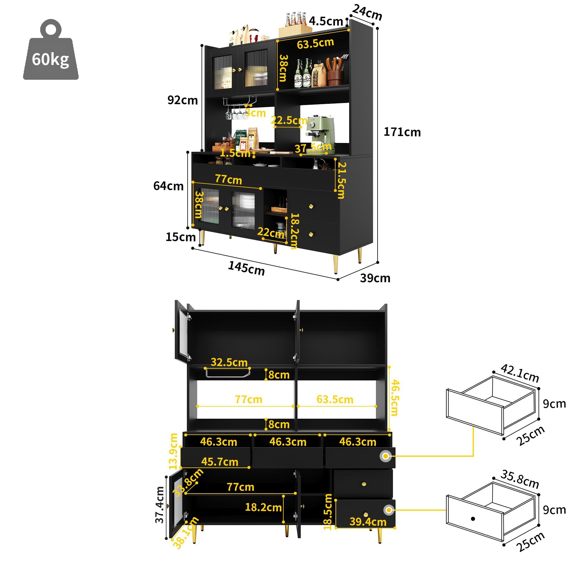 Flieks Küche Hochschränke Küchenbuffet mit Glastür, Küchenschränke Buffet mit Weingestell, Buffetschrank Highboard mit Offenen Staufächern, Schwarz