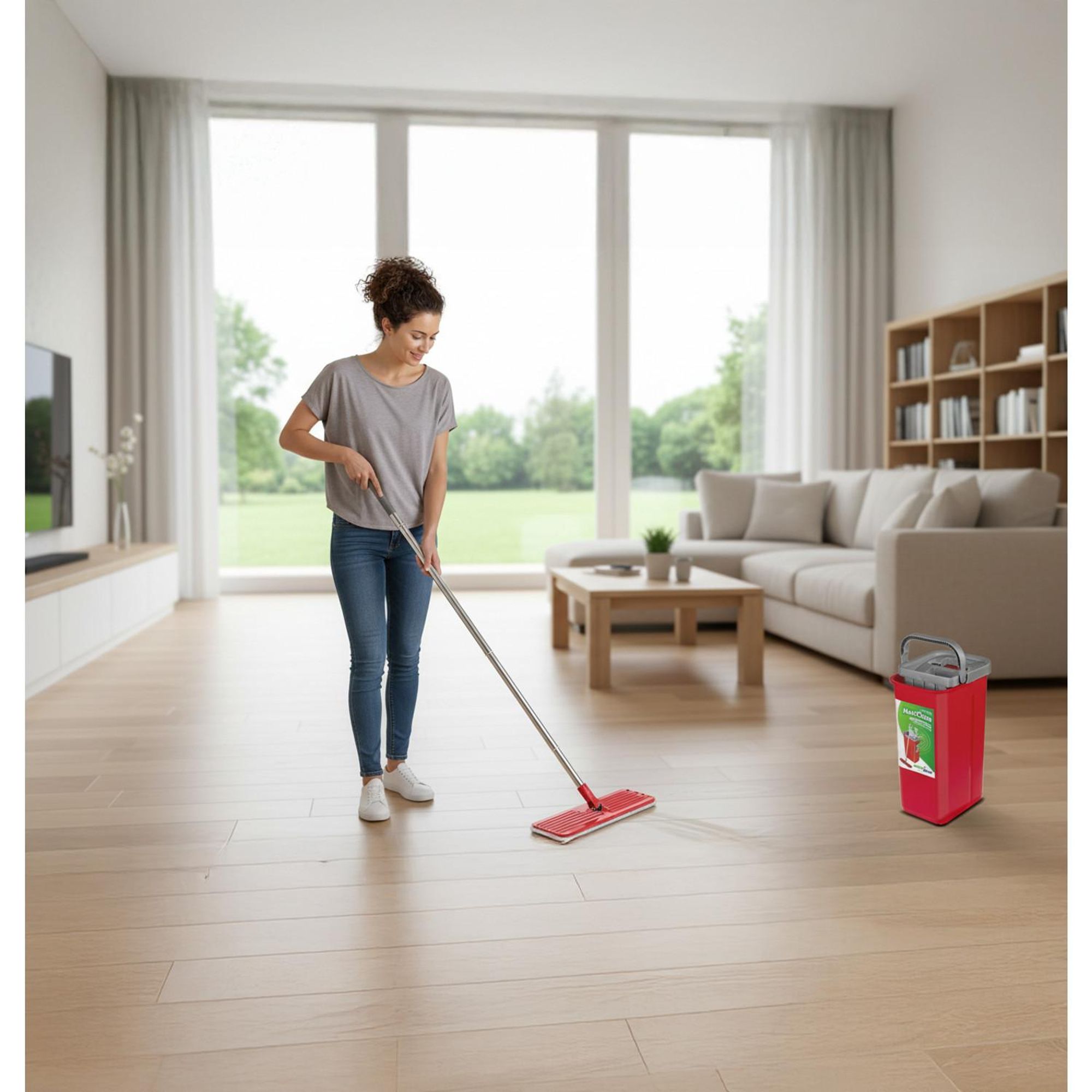 MaxiClean Flachmopp Set mit 2 in 1 Putzeimer 5,7L Wischmop Set Bodenwischer Mopp Mop Reinigungssystem 360°