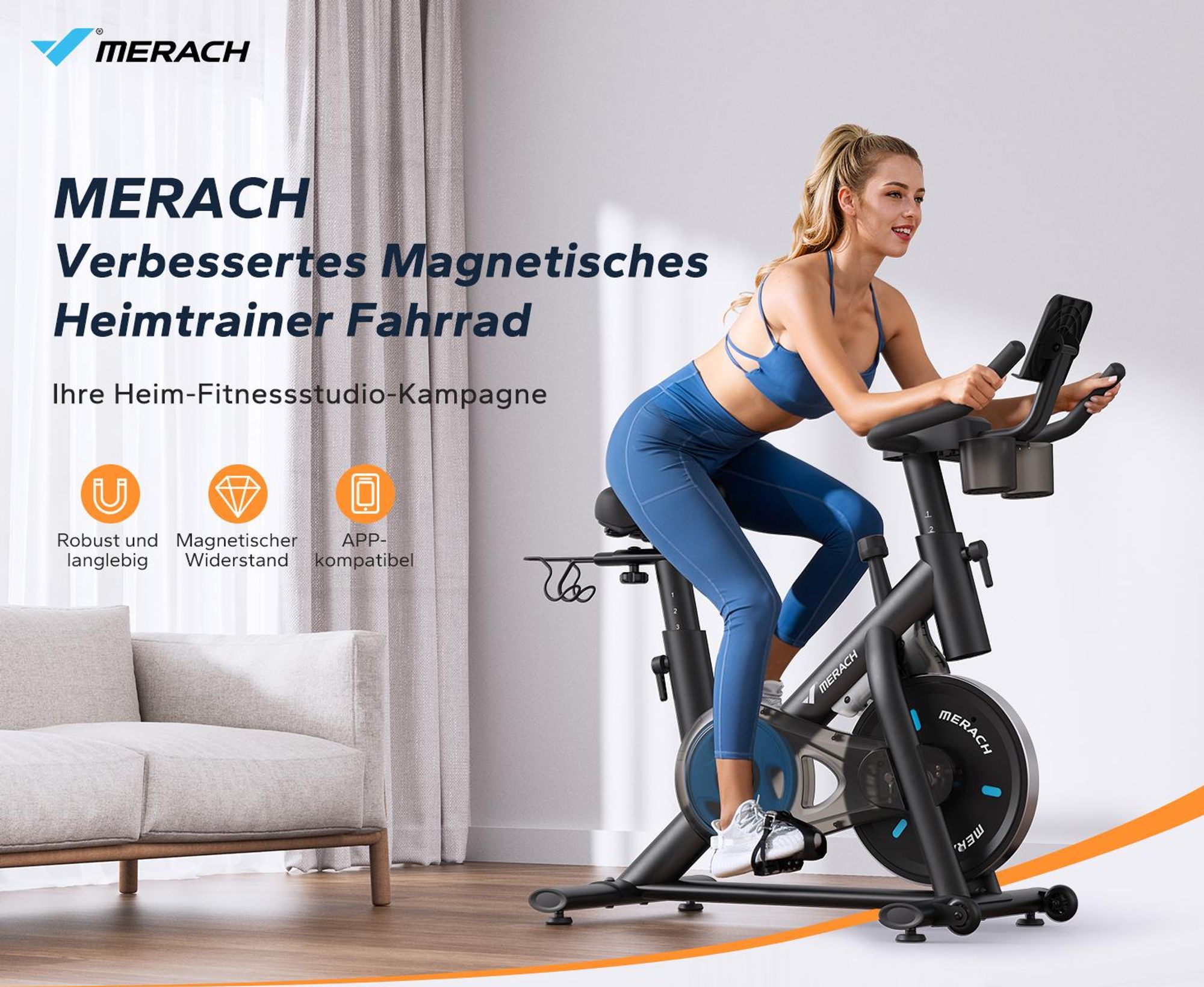 Heimtrainer Fahrrad mit magnetischem Widerstand – leiser Ergometer mit LCD, App, Tablet-Halter, Hantelrack, verstellbarem Sitz, bis 136 kg
