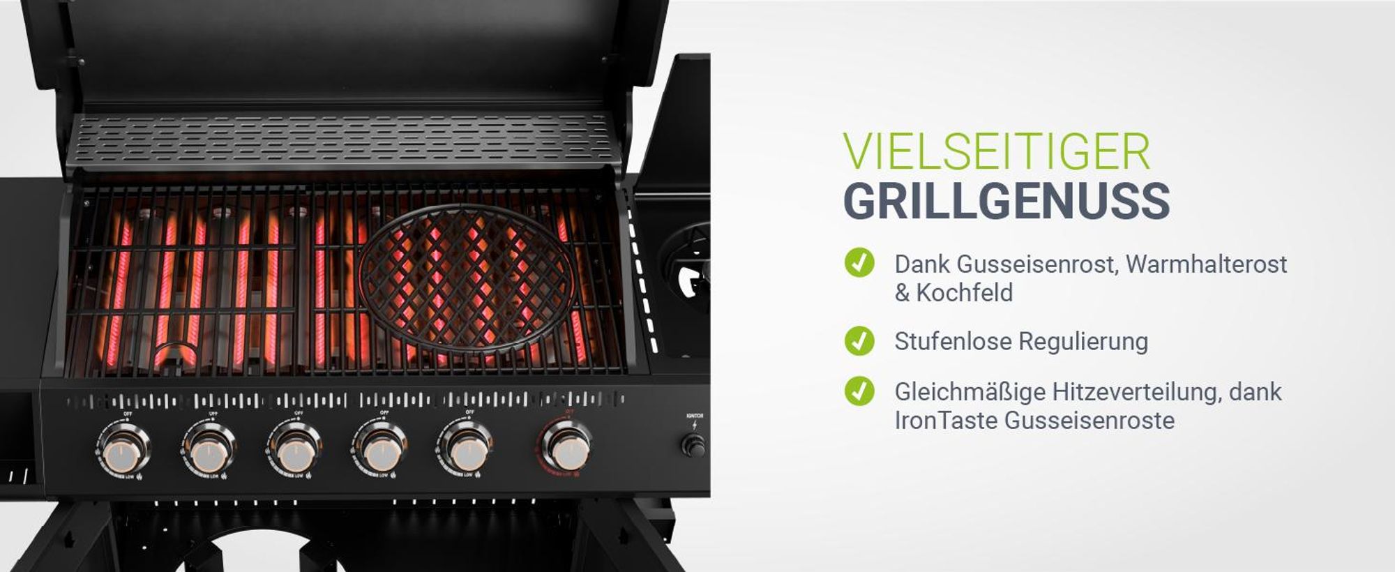 JUSKYS® Gasgrill Tennessee 6+1 mit Edelstahlbrennern & LED-Regler und Sichtfenster