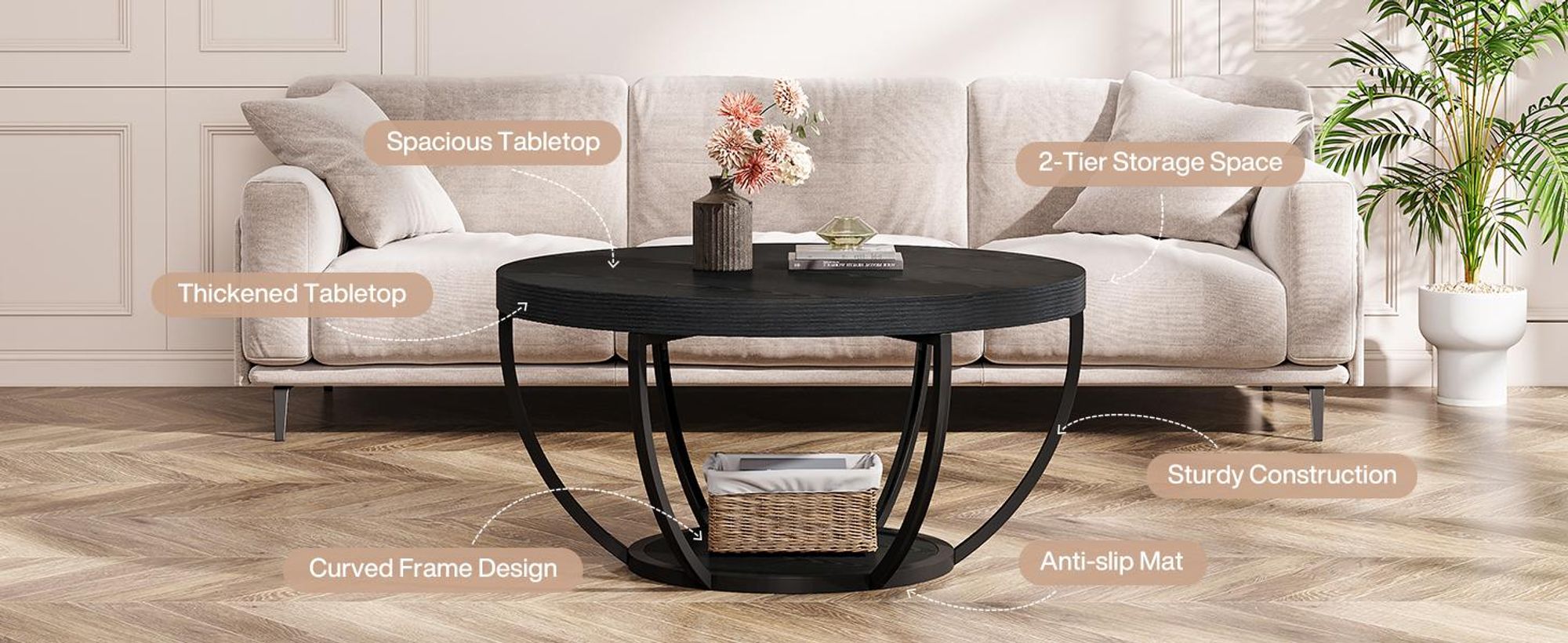 Couchtisch, 80 cm Beistelltisch, zweistöckiger Wohnzimmertisch, runder Cocktailtisch, Sofatisch mit Ablagefächern, für Zuhause, Wohnung, Büro