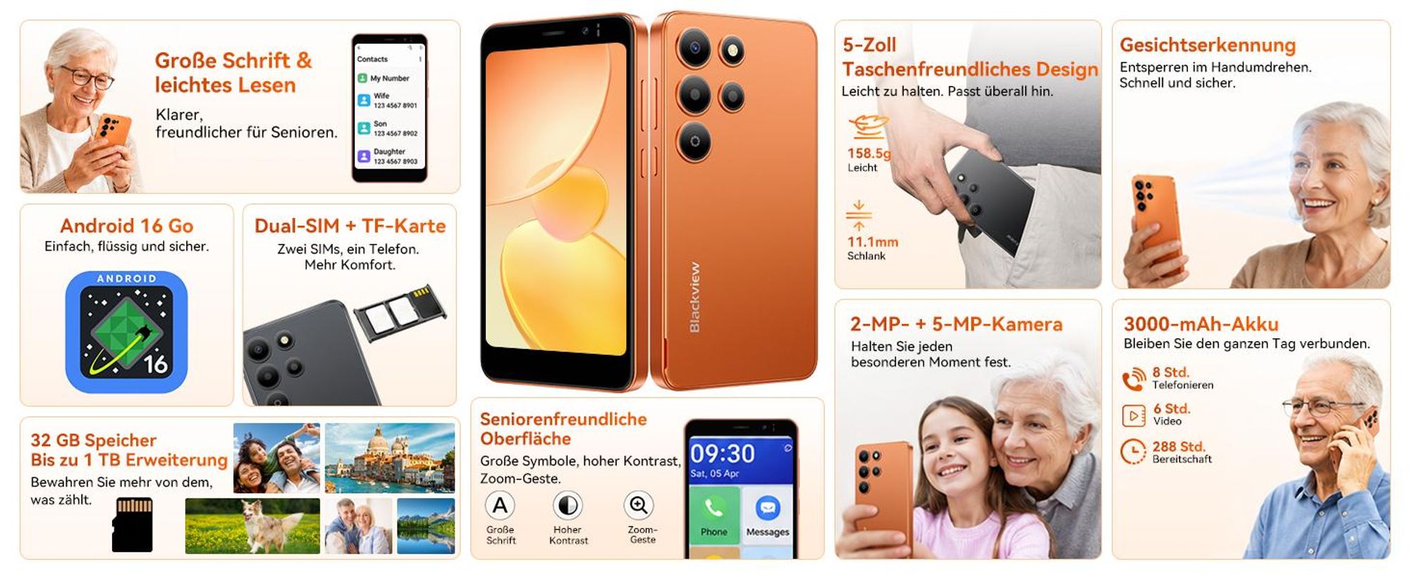 2026 Blackview-Oscal Wave 2C 5" ultraleicht Handy Ohne Vertrag, Android 16, 12+32GB, Face ID, Dual SIM, 1080P, Free TPU Protective Case