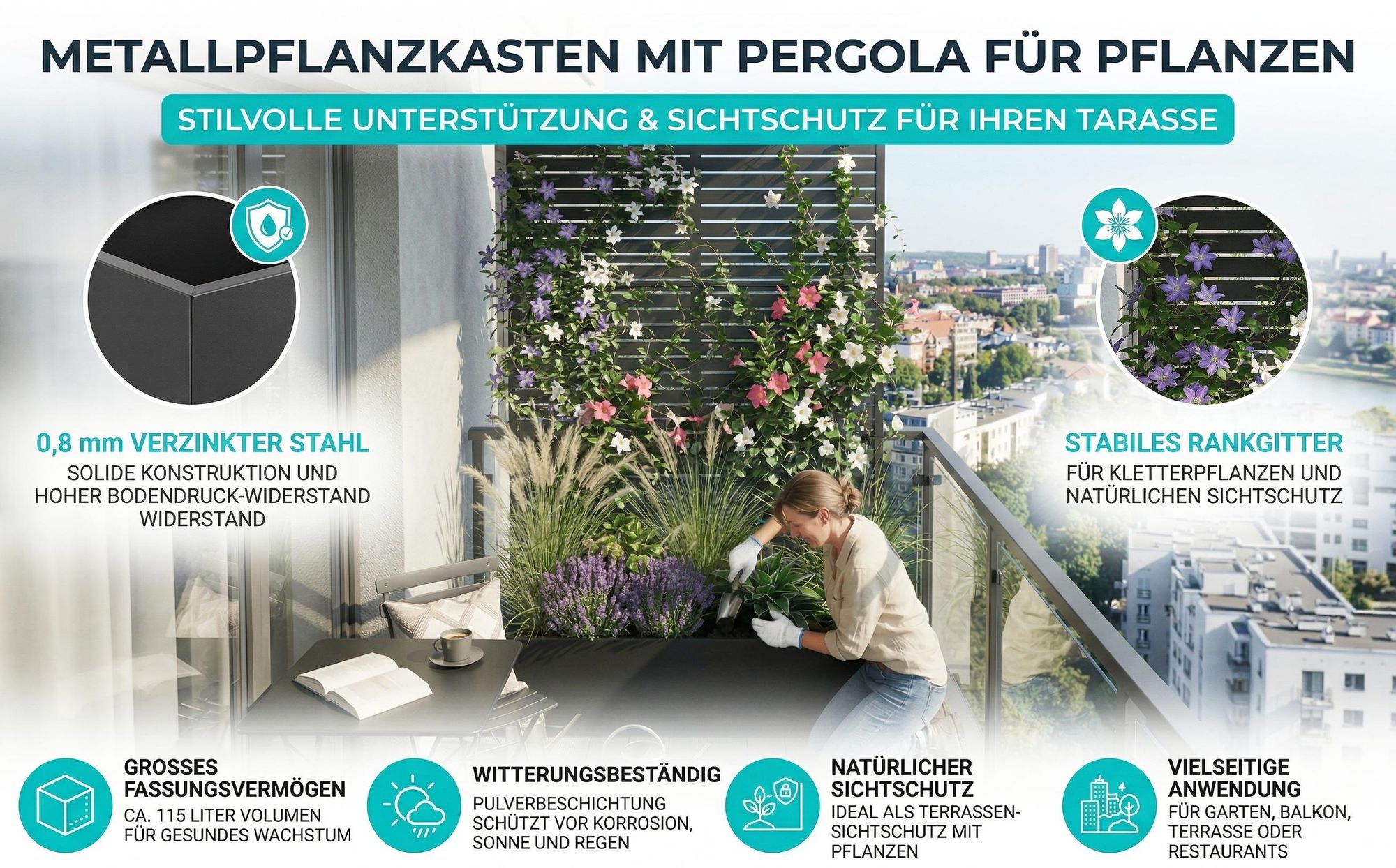 Blumenkasten mit Rankgitter, Spalier mit Pflanzkästen und Drainagelöchern, Gartenspalier aus Metall, groß, schwarz,