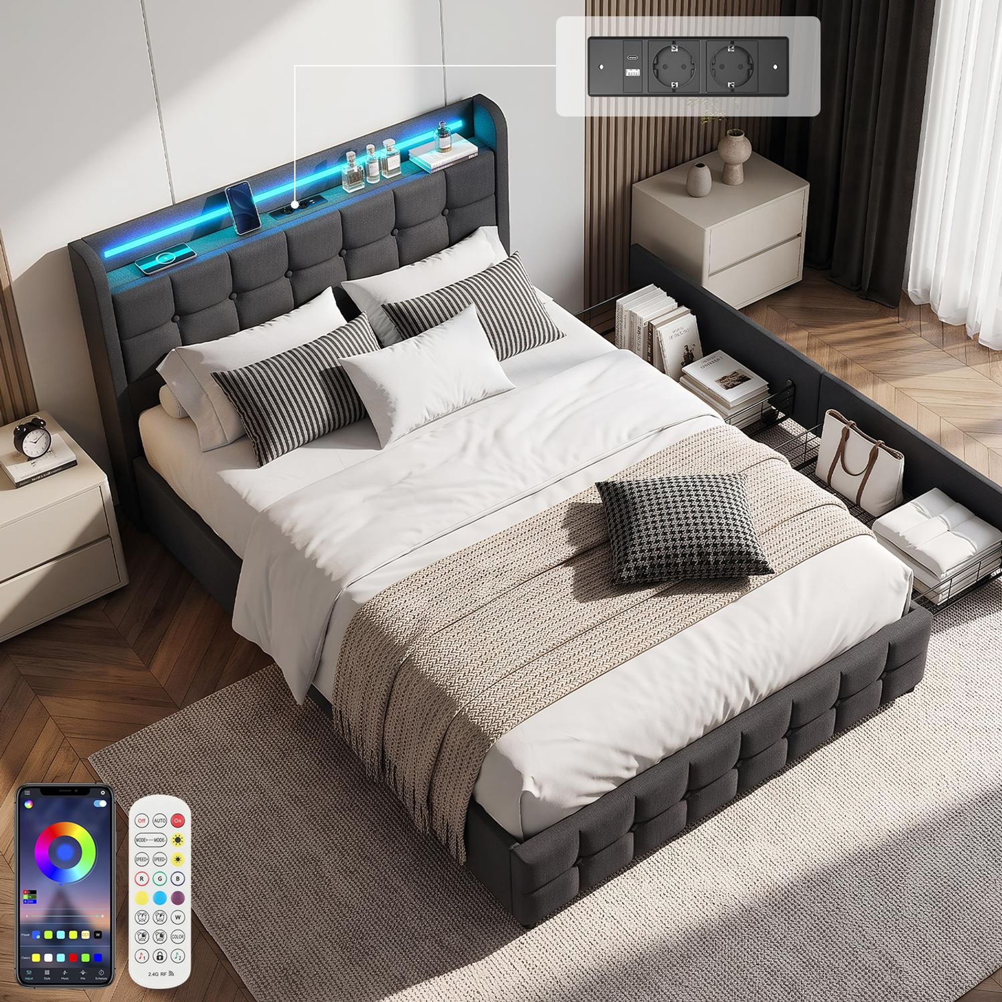 OYAJIA Polsterbett 140x200cm mit USB und Steckdosen,Jugendbett Einzelbett mit 2 Schubladen, Stauraumbett Massivholzbett mit LED und Lattenrost, Leinen
