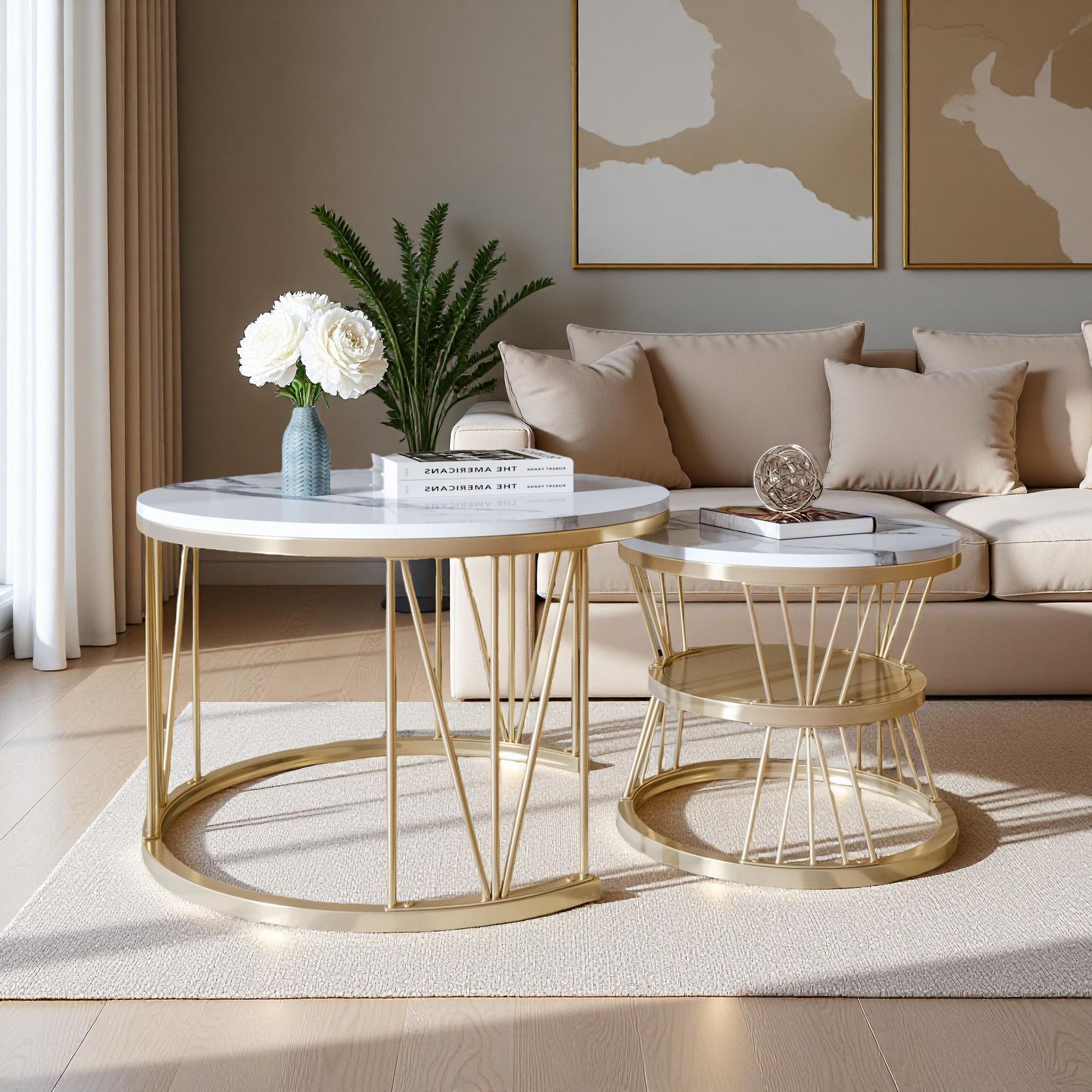 Fortuna Lai Couchtisch 2 in 1 Satztische in Marmoroptik 2er Set Beistelltisch mit Regal, Ø 70 x 45/Ø 45 x 40 cm, Gestell aus Metall, Gold