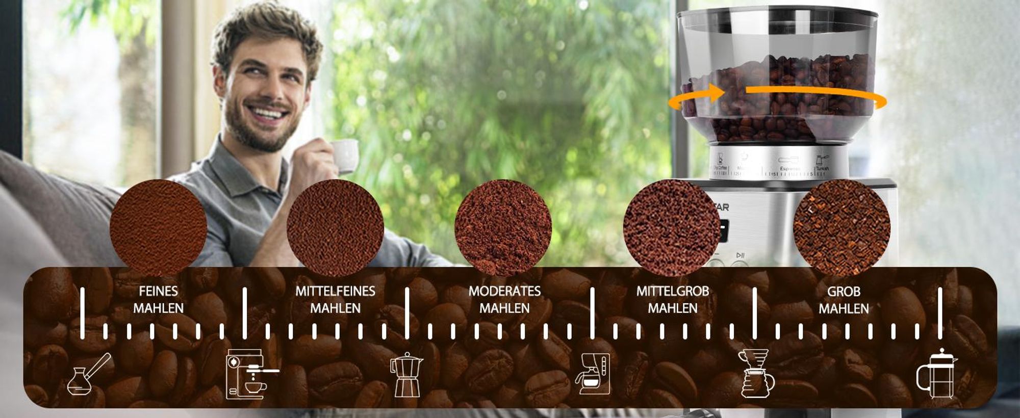 Aigostar Kaffeemühle Kegelmahlwerk Geeignet für Espresso mit 52 Mahleinstellungen, 180W , Kegelmahlwerk 320 g Bohnenbehälter Antistatisch
