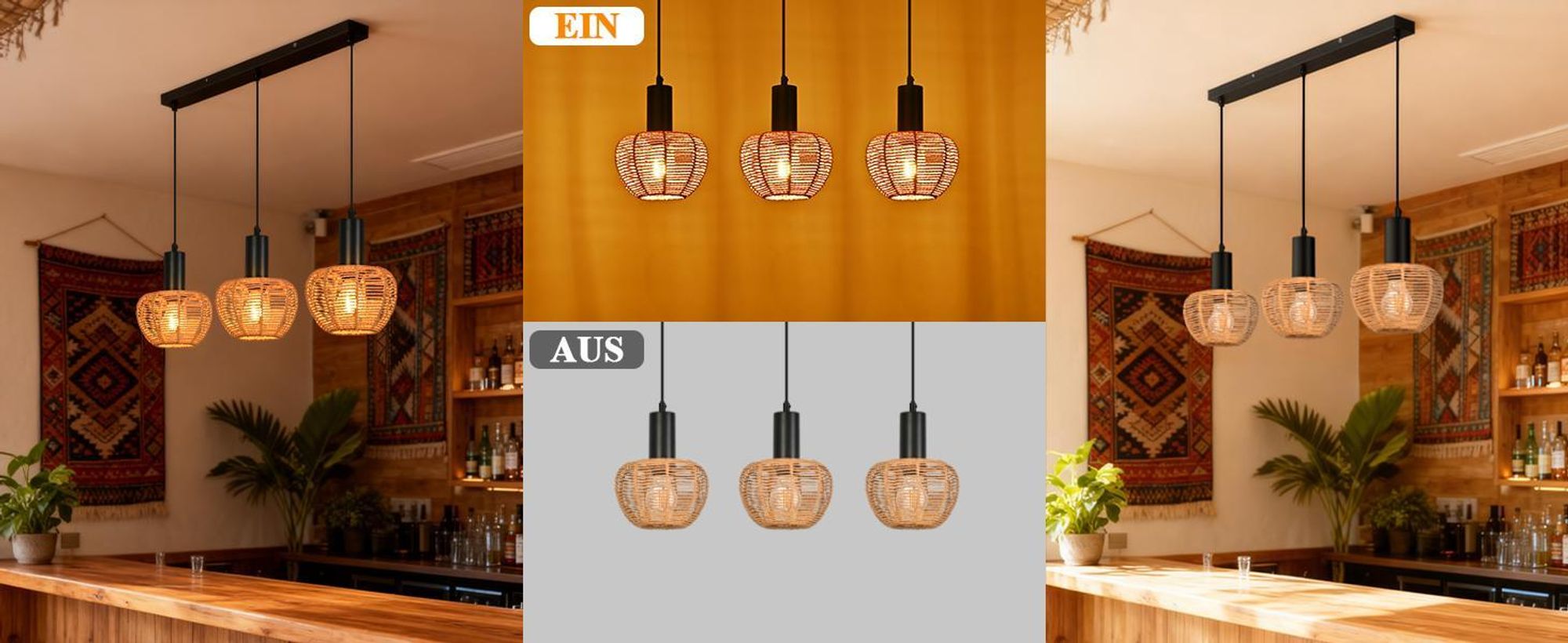 ZMH Hängelampe 3 Flammig Pendelleuchte Rattan Esstischlampe Geflochten Hängeleuchte Lampenschirm Hanfseil E27 Pendellampe für Esszimmer Schlafzimmer