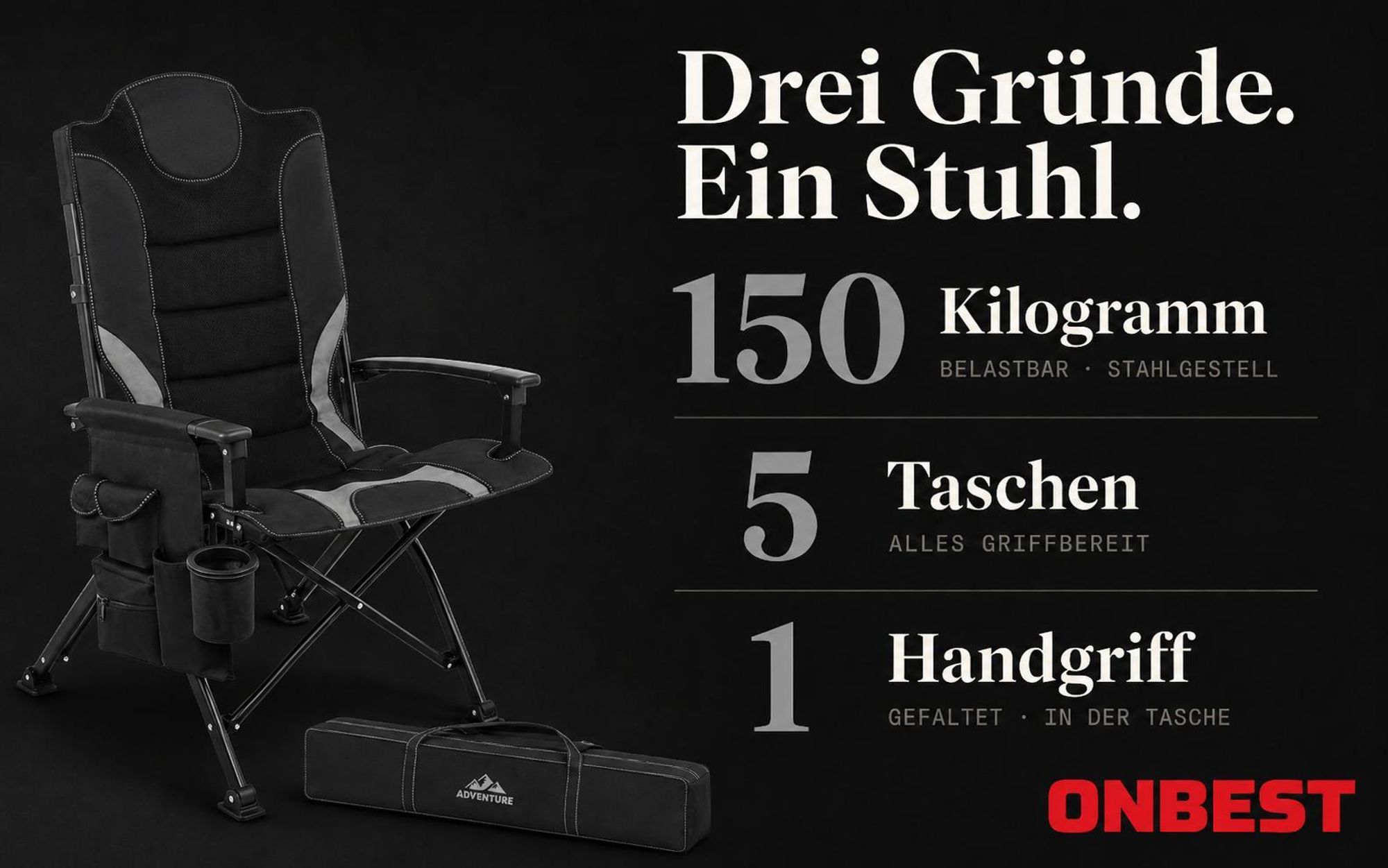 ONBEST Campingstuhl | faltbar | 150 kg | inklusive Tragetasche | Rückentasche | Stahlgestell | Wasserabweisend