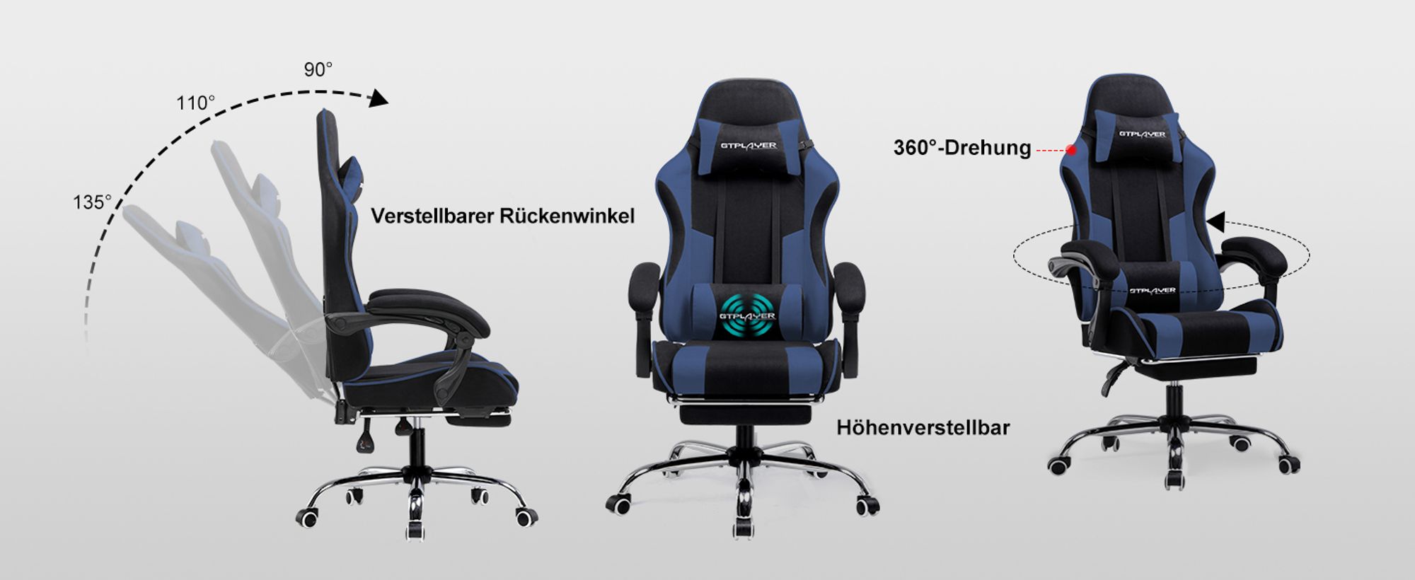 GTPLAYER Bürostuhl Gaming Stuhl Stoff Gaming Sessel Ergonomischer Gamer Stuhl mit Fußstütze, Kopfstütze Lendenkissen, Gepolstert Gaming Chair, BLAU