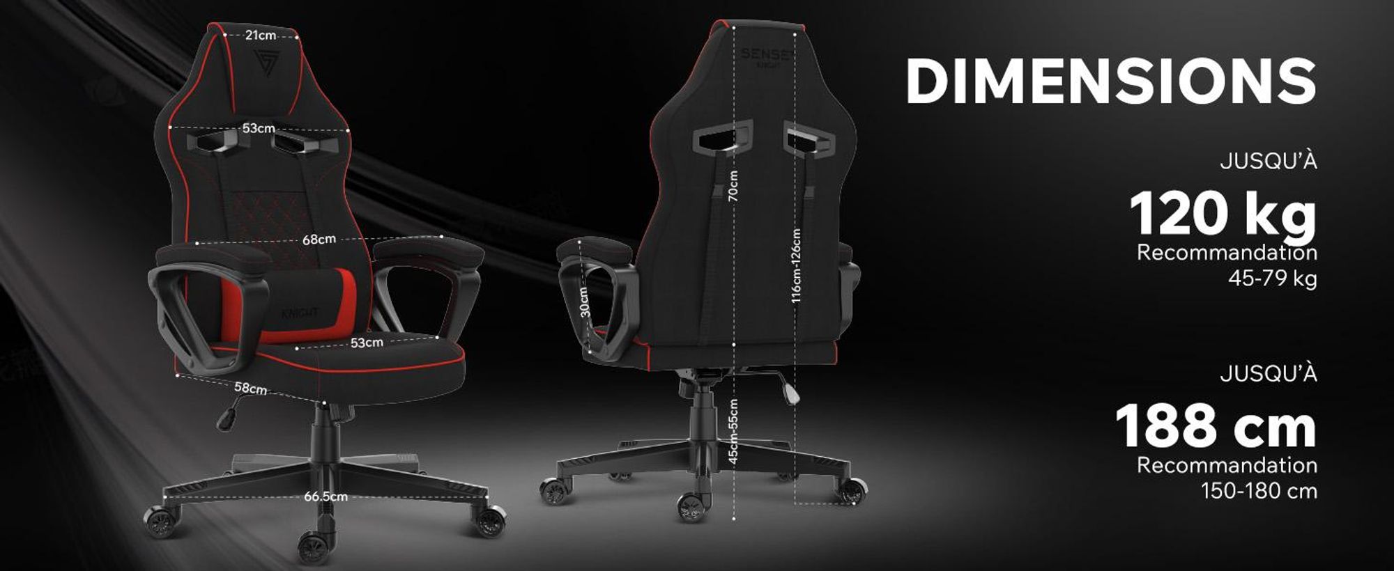 Chaise gaming SENSE7 Knight en tissu noir et rouge - Chaise de bureau ergonomique Chaise de bureau Chaise d'ordinateur Chaise gaming Chaise de course 120 kg