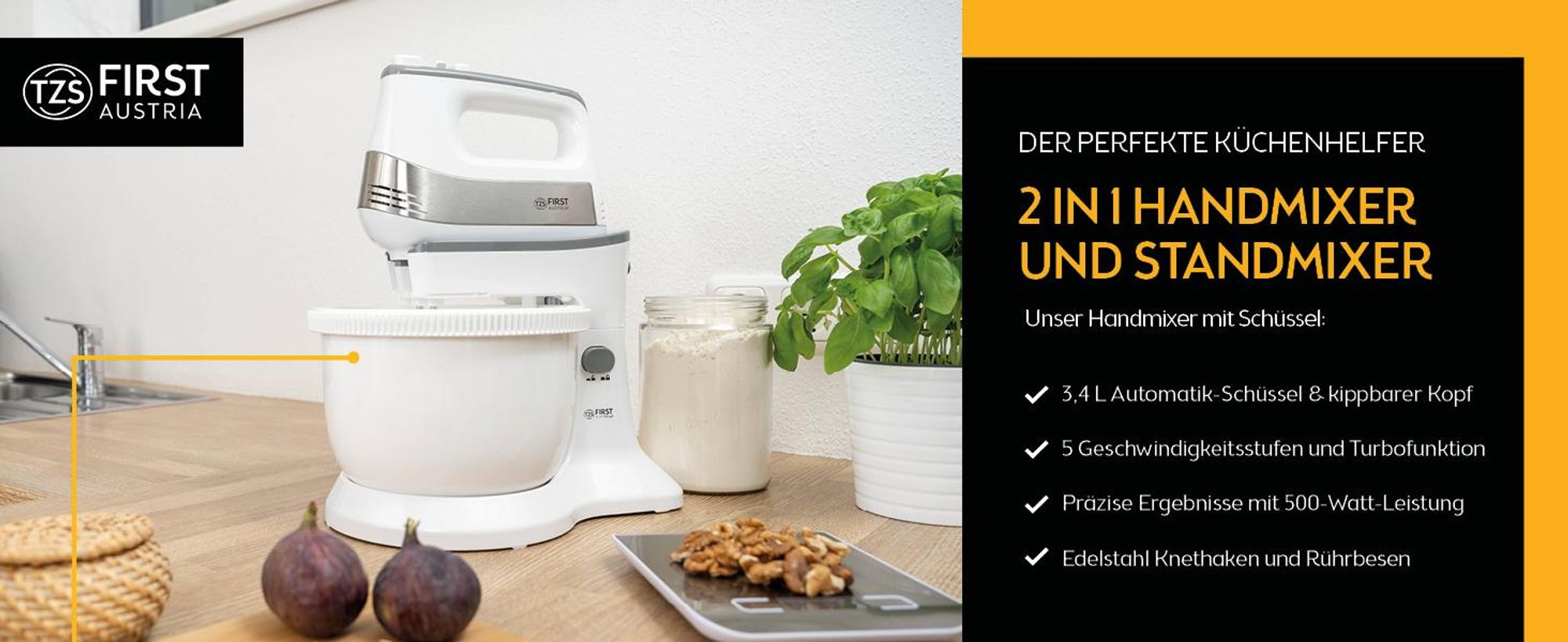 TZS First Austria Handmixer mit 3,5L Kunststoffschüssel mit Automatikantrieb, 500W, 5 Geschwindigkeiten, Turbofunktion, inkl. Knethaken und Rührbesen