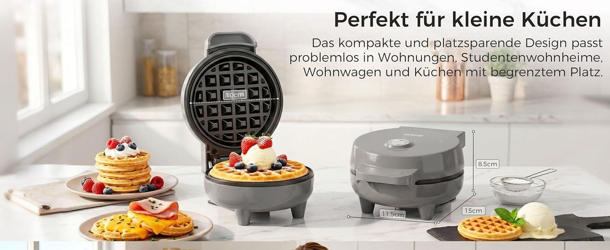 YASHE Mini Waffeleisen 550W, Antihaft-Waffelmaschine, Grau