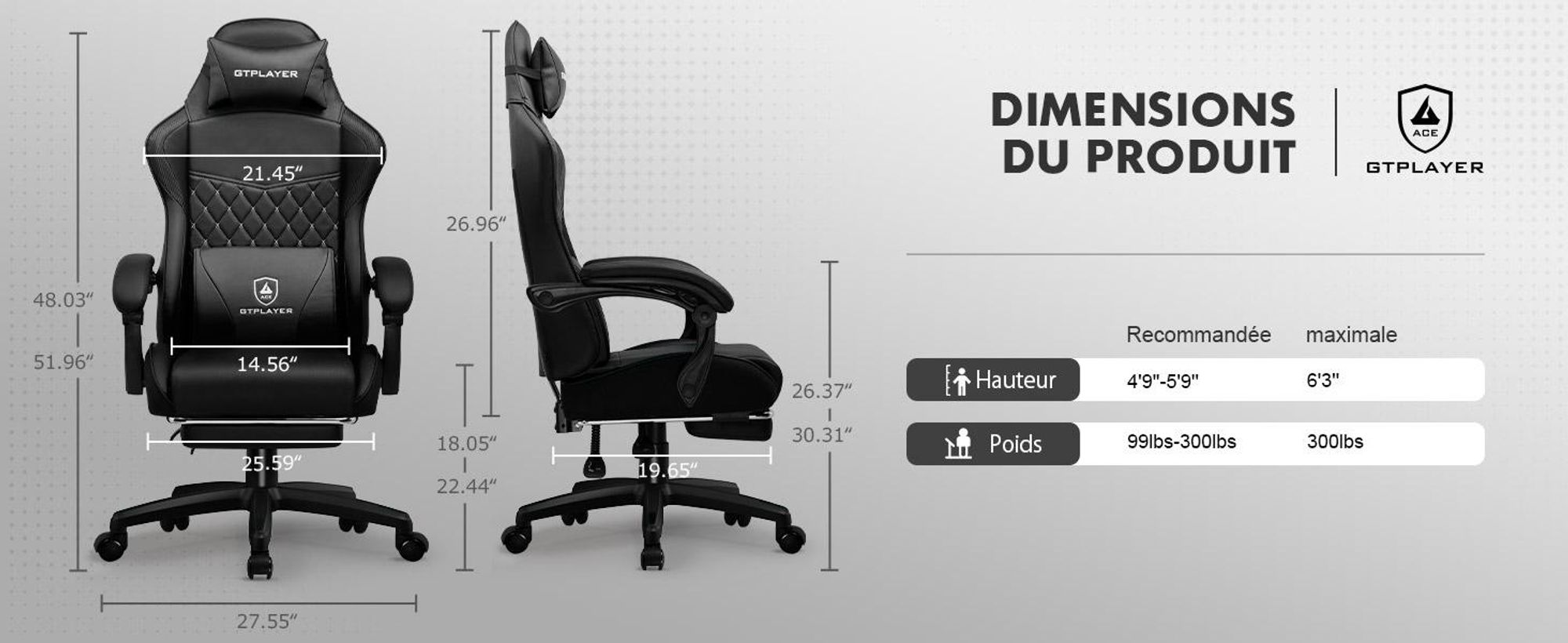 Chaise de jeu GTPLAYER, Gaming Chair, Chaise de bureau ergonomique réglable en hauteur, pratique pour l'hiver et l'été, avec double dossier avec repose-pieds