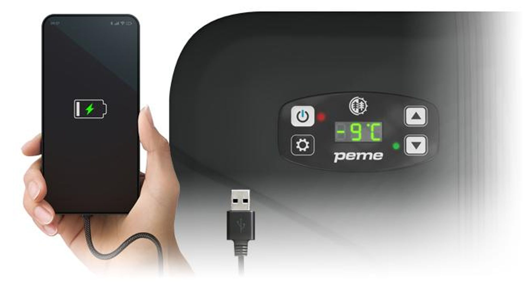 PEME Essential 26 L Elektryczna lodówka turystyczna – termoelektryczna torba chłodząca do samochodu osobowego, na kemping, mini lodówka, pojemnik do podgrzewania, USB, ECO, cicha, czarna, 230 V