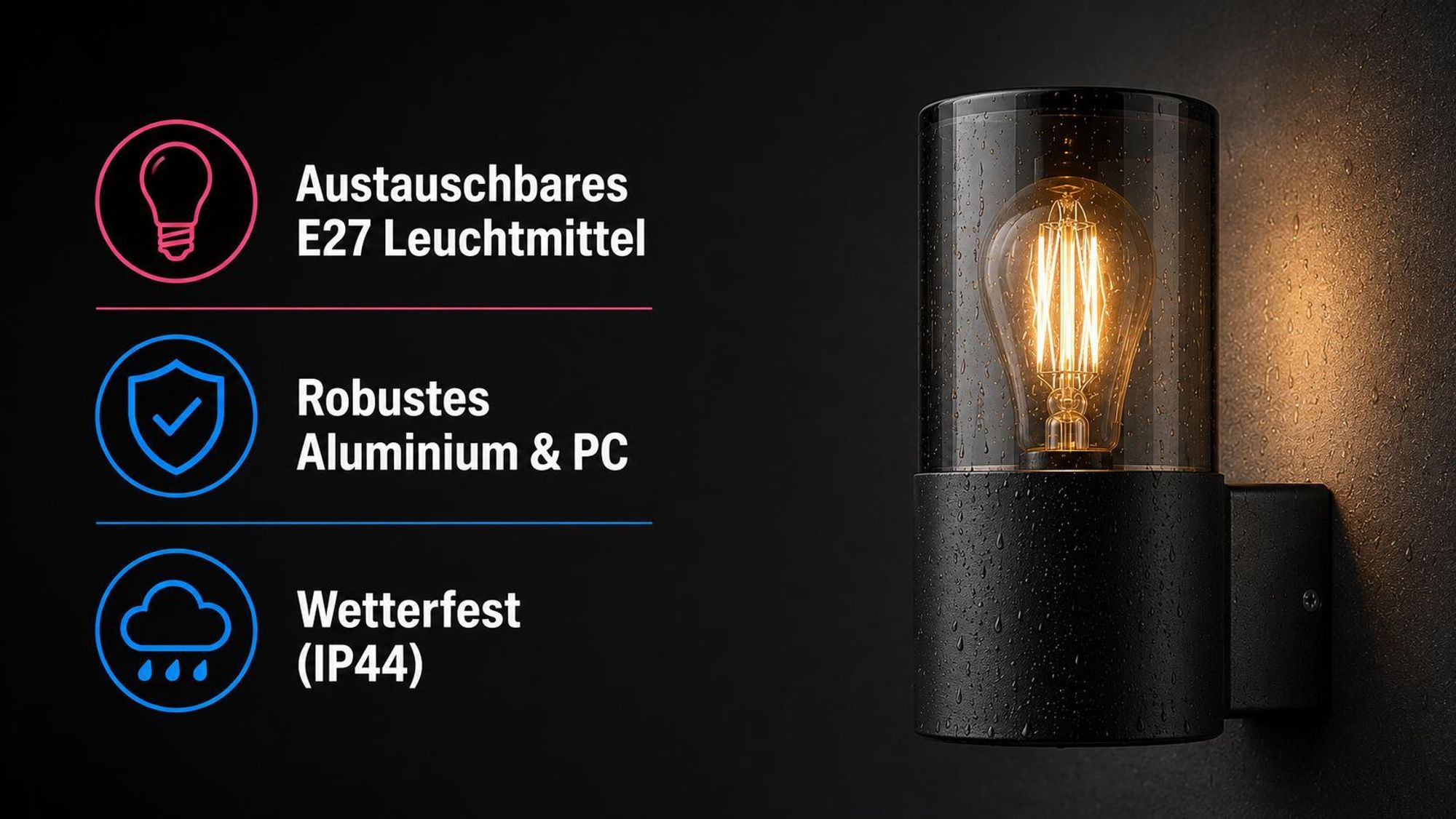 XUDO Außenwandleuchte E27 IP44 Schwarz Rund, Wandleuchte Außen, Gartenbeleuchtung Fassadenlampe