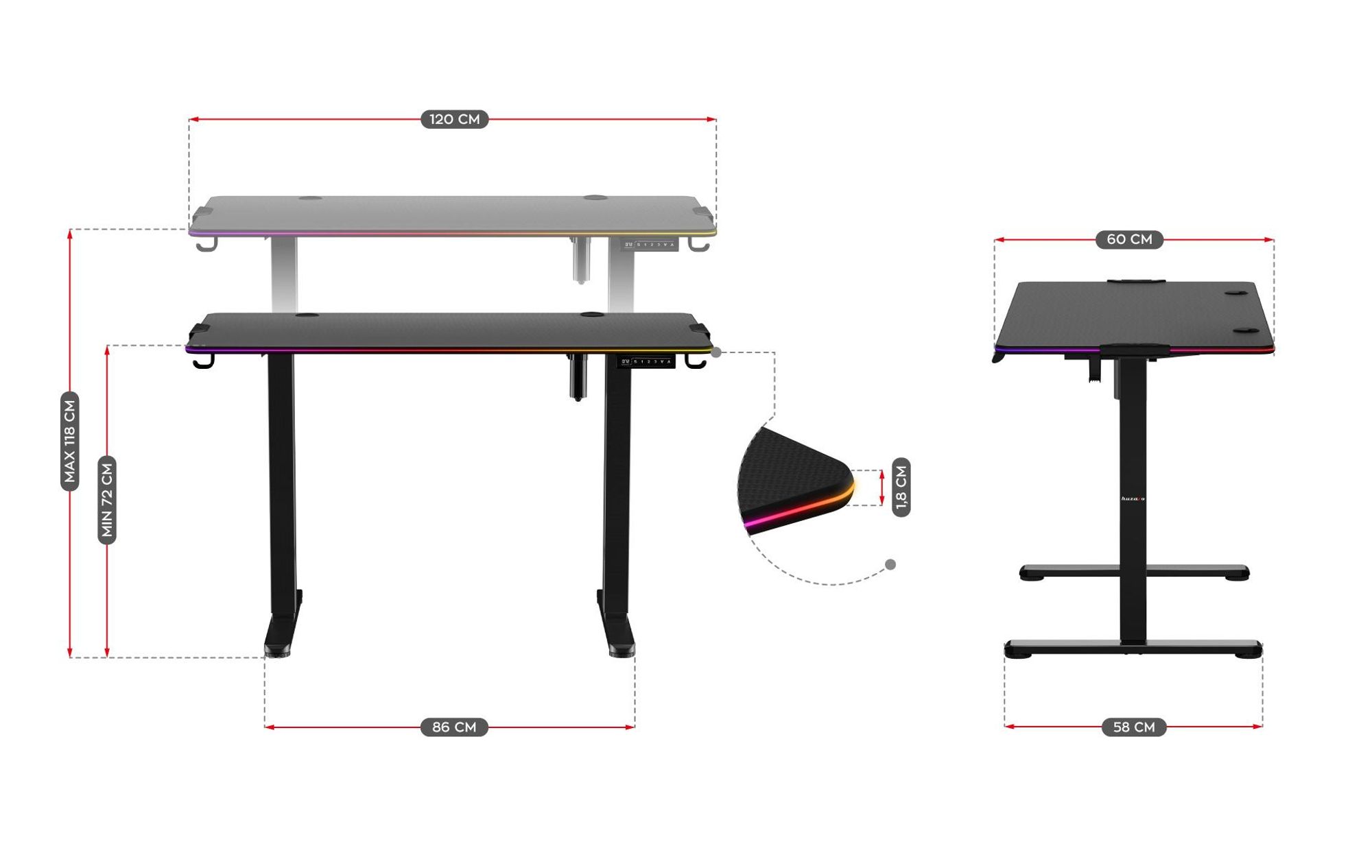 Huzaro Hero 8.2 RGB | LED Elektrisch Computertisch Bürotisch Schreibtisch Stehtisch 120 x 60 cm Höhenverstellbarer | Stufenlos verstellbar | Schwarz