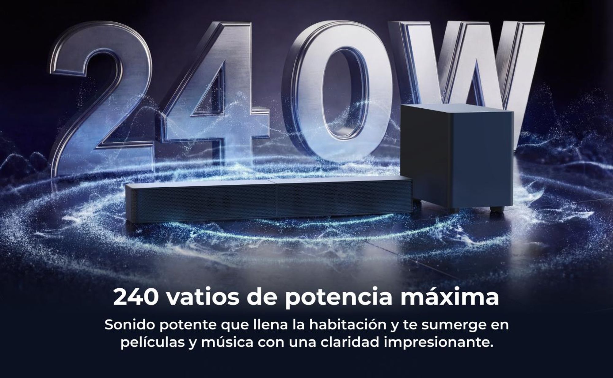Barra de sonido ULTIMEA de 2.1 canales con subwoofer inalámbrico, 240 W de potencia máxima, tecnología VoiceMX y BassMX, control mediante aplicación, HDMI, Bluetooth® 6.0, modelo Poseidon R3T
