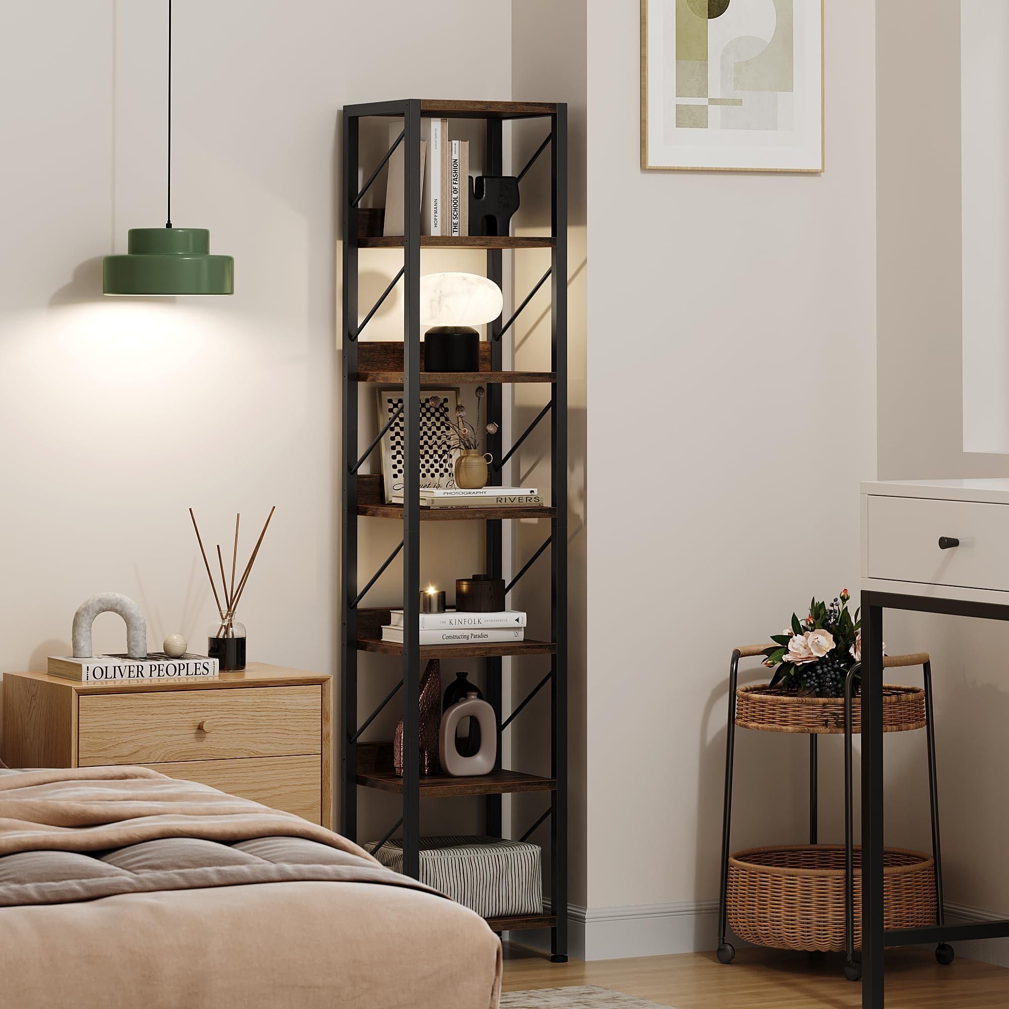 Schmales Bücherregal 30x30x168 cm Standregal Metall Holz Raumsparregal für Bücher Wohnzimmer Büro retro