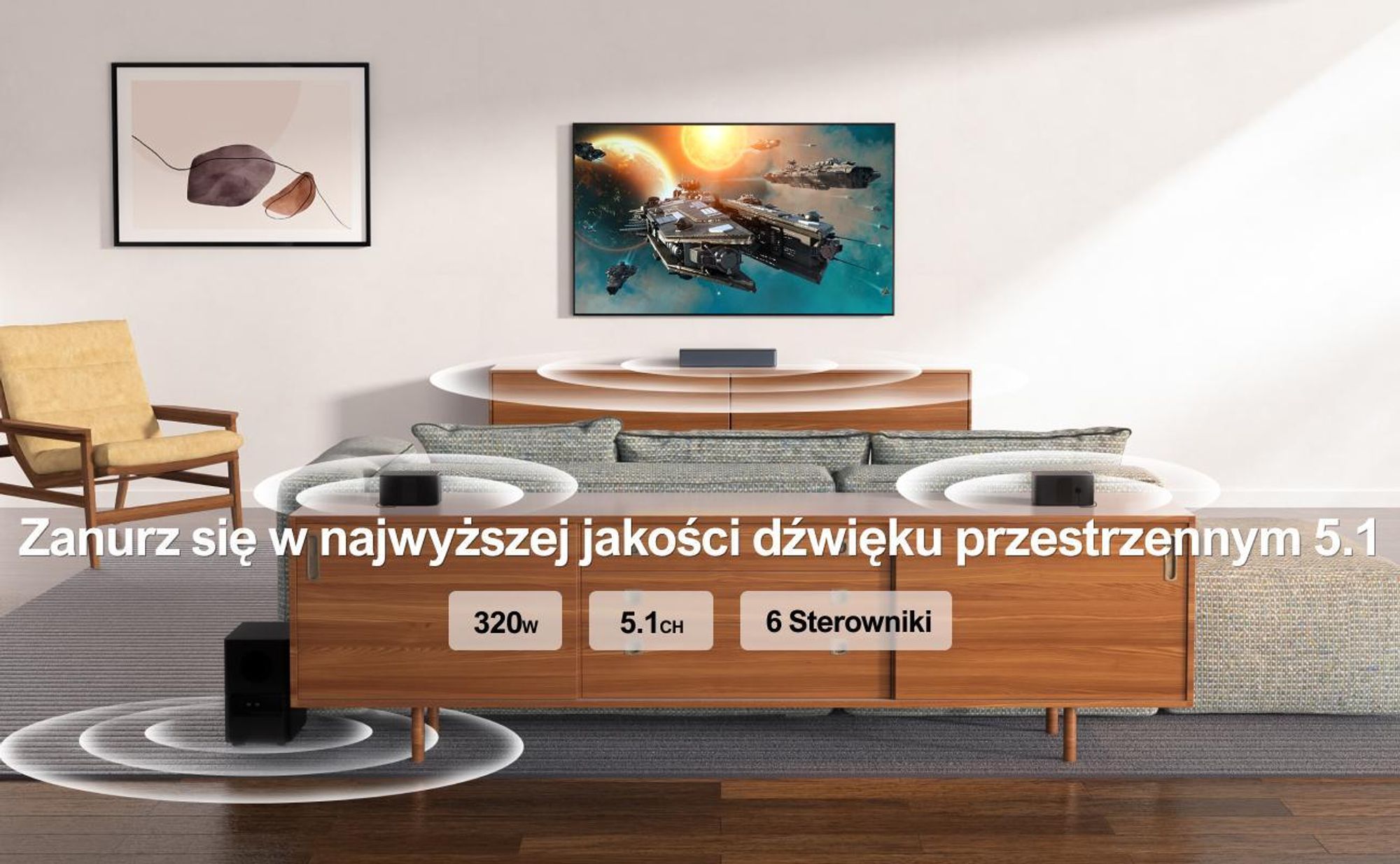 Soundbar ULTIMEA 5.1 Surround, wirtualny system dźwięku przestrzennego 3D, soundbar z regulacją basów, subwooferem i tylnymi głośnikami