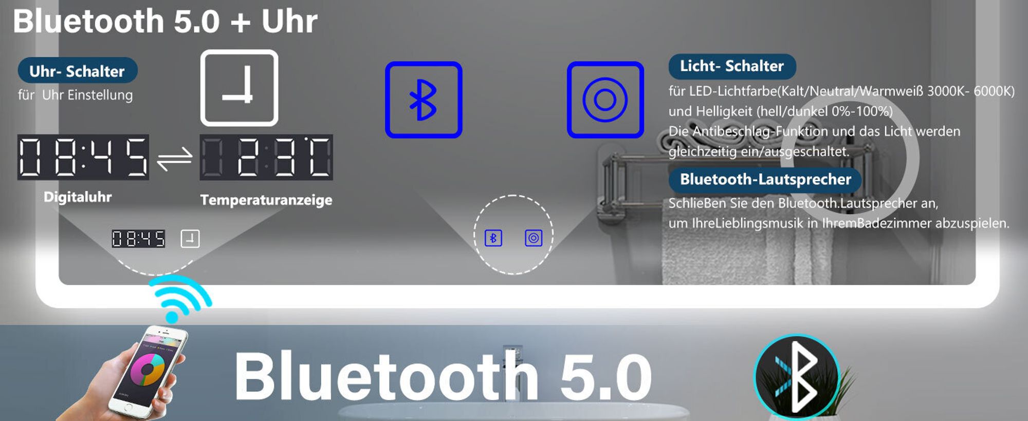 AICA LED Wandspiegel 70x50cm Touchschalter Beschlagfrei Badspiegel Bluetooth Uhr 3X Schminkspiegel 3 Lichtfarbe 3000/4500K/6000K Dimmbar IP44
