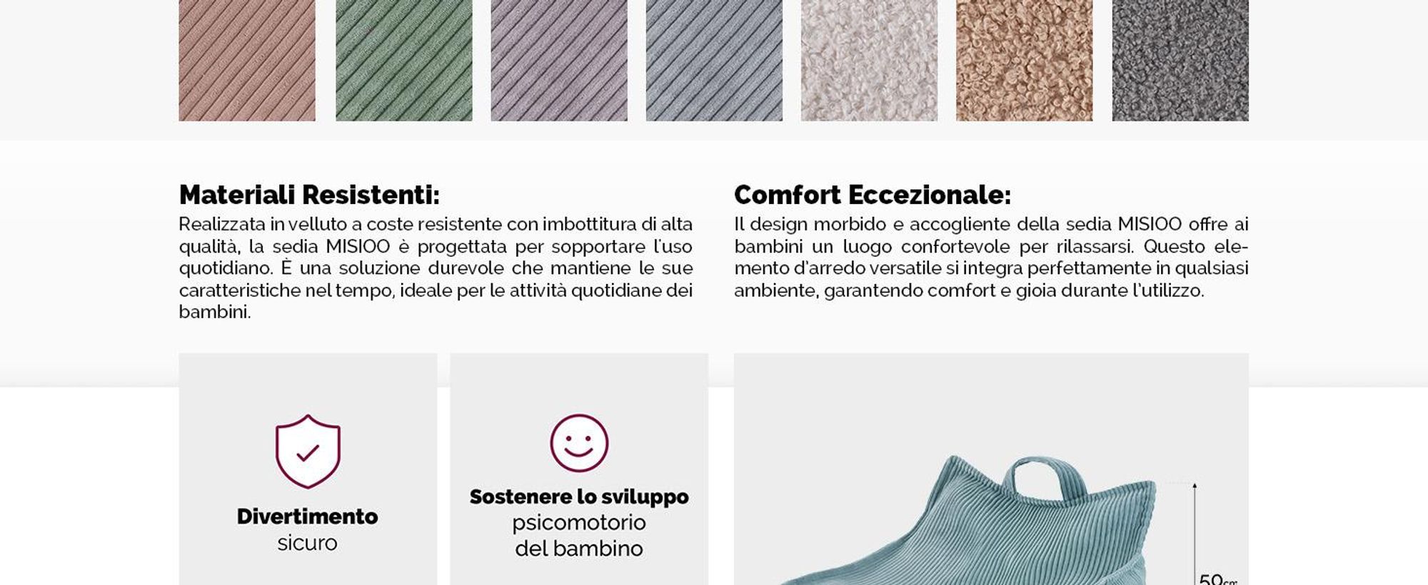 MISIOO Pouf sacco per bambini - Puffy Square - Poltrona per bambini - Pouf in velluto a coste - Ideale per la stanza dei bambini - Facile da lavare - Blu