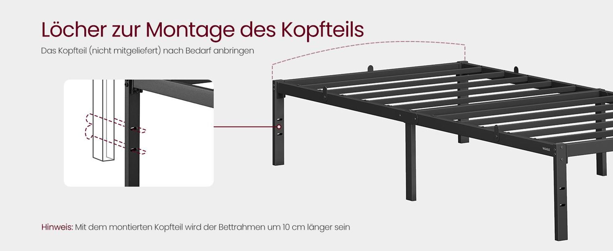 VASAGLE Einzelbettgestell, Bett, 90 x 200 cm, 40.6 cm H, Metallbett, Bettrahmen, Unterbettaufbewahrung, modern, Gästebett