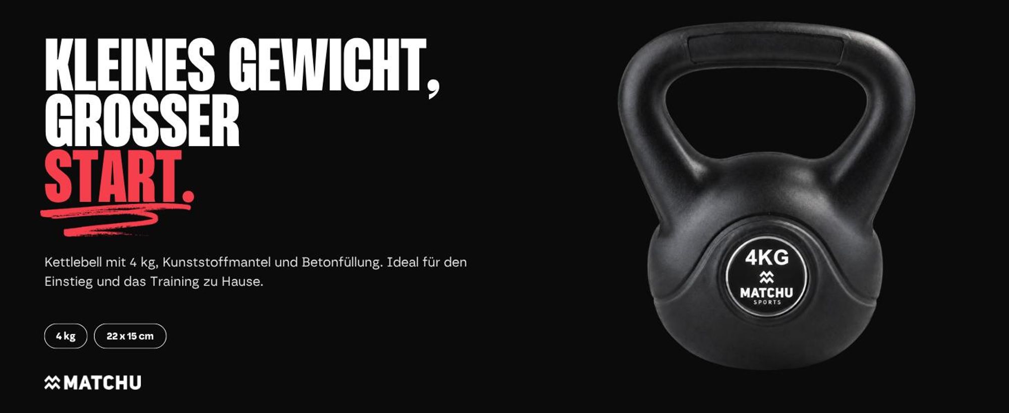 Matchu Sports Kettlebell 4 kg mit Kunststoffhülle und Betonfüllung – Kugelhantel für Krafttraining und Functional Fitness zu Hause – Schwarz