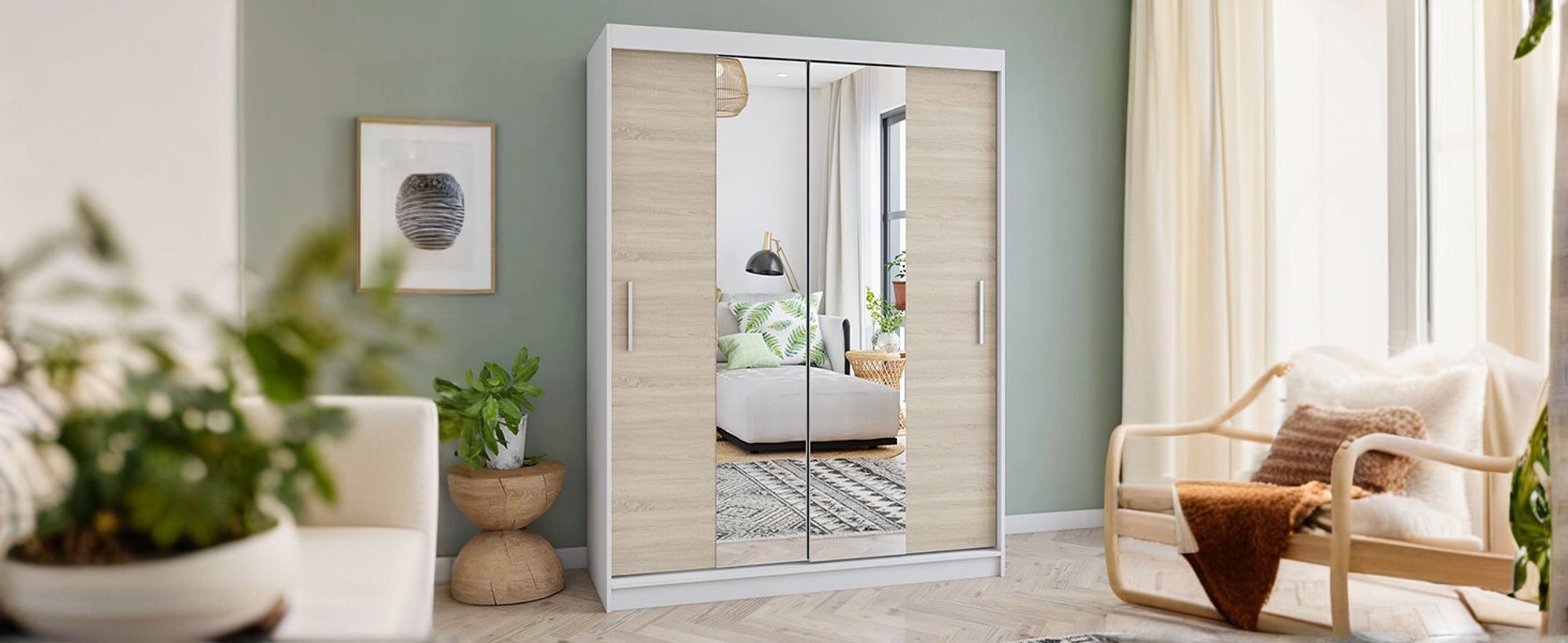 Schwebetürenschrank Kleiderschrank Schrank Garderobe Spiegel Vista 01 (Weiß/Sonoma) + Spiegel 150cm