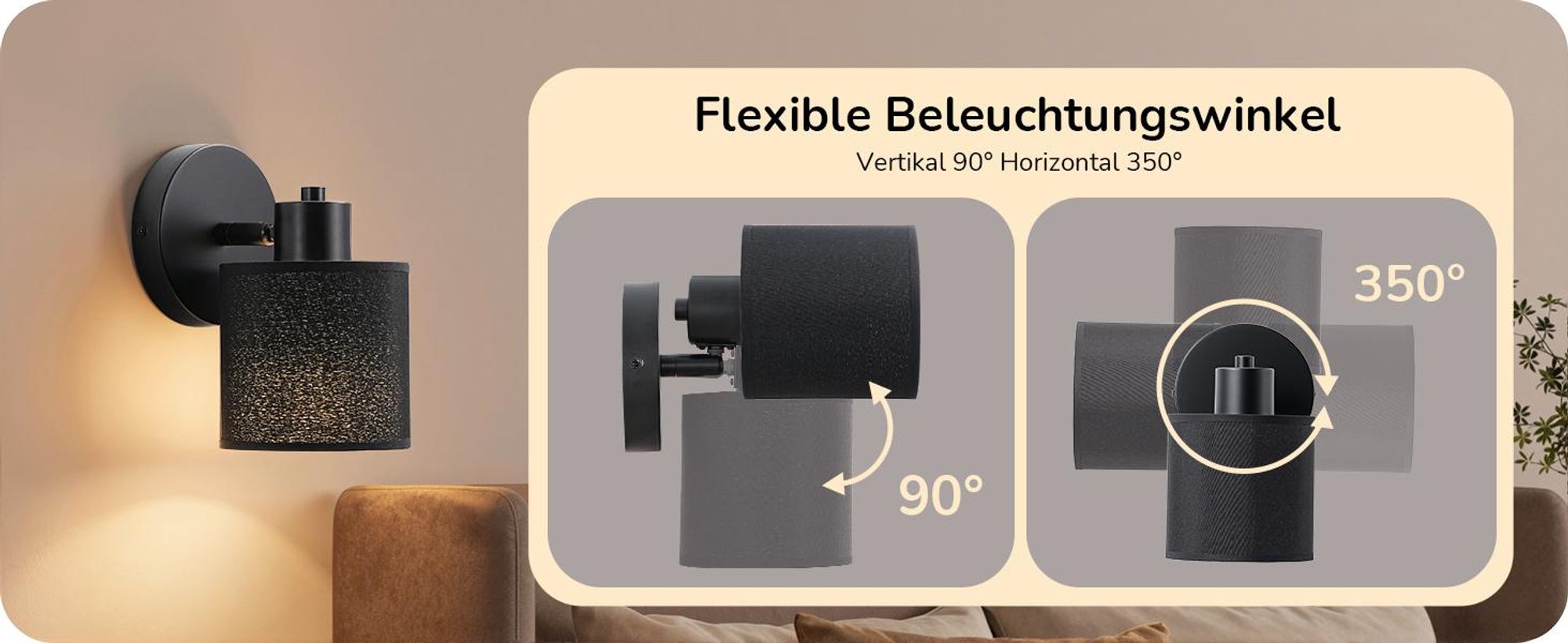 EDISHINE 2er Set Wandleuchte Innen, 350°/90° schwenkbar, LED Wandlampe Schwarz  Dimmbar mit Fernbedienung