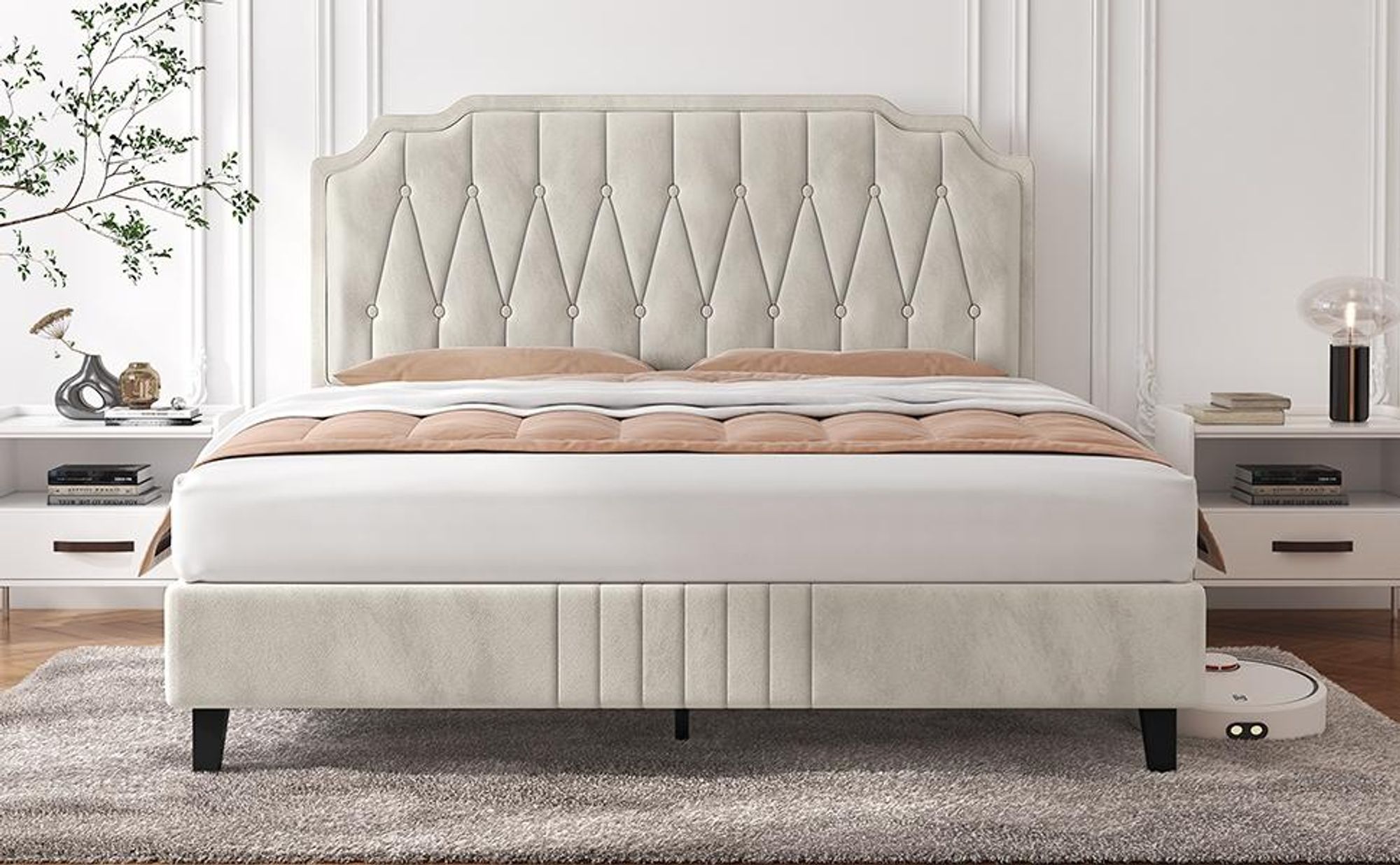 Yaheetech Polsterbett mit höhenverstellbarem Kopfteil Doppelbett 140×200cm Stoffbett Jugendbett Gepolstertes Bett Bettrahmen mit Lattenrost Beige