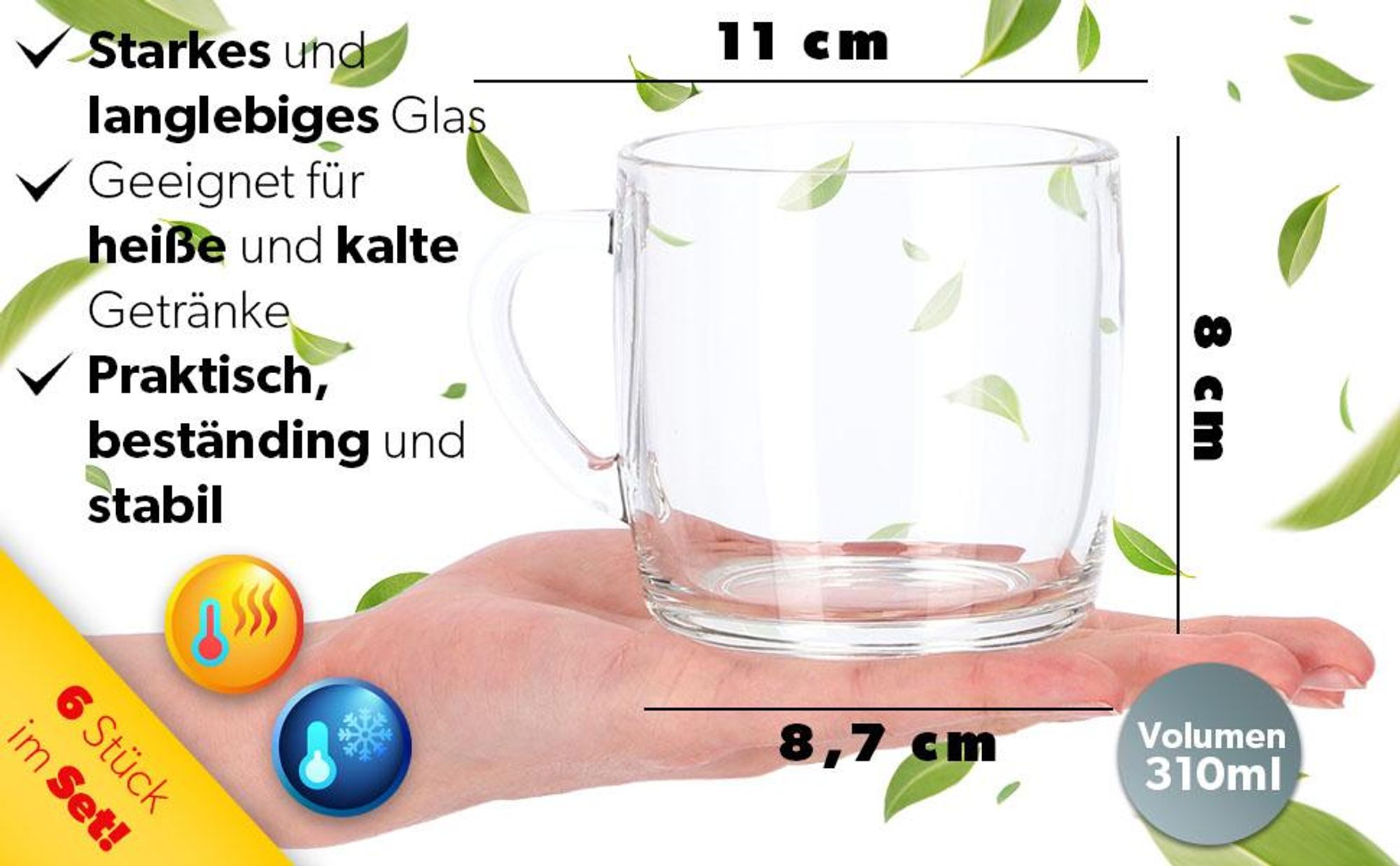 KADAX Teegläser mit Griff "Barnico", Saftgläser, spülmaschinenfest, 310ml, 6er Set