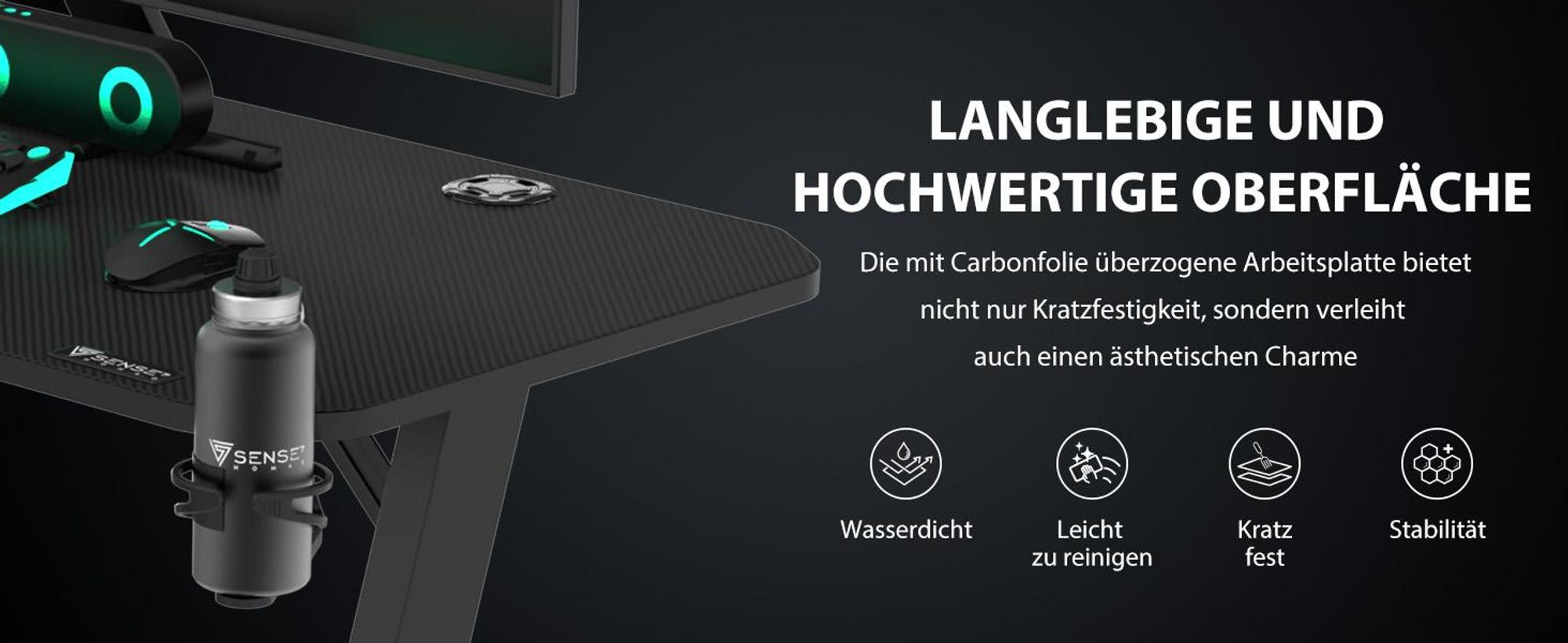 SENSE7 Nomad Basic Gaming Tisch Schreibtisch 120x60 cm Computertisch PC Tisch Gamer Desk Zocker Tisch Carbon-Optik Kopfhörerhalter Kabelmanagement