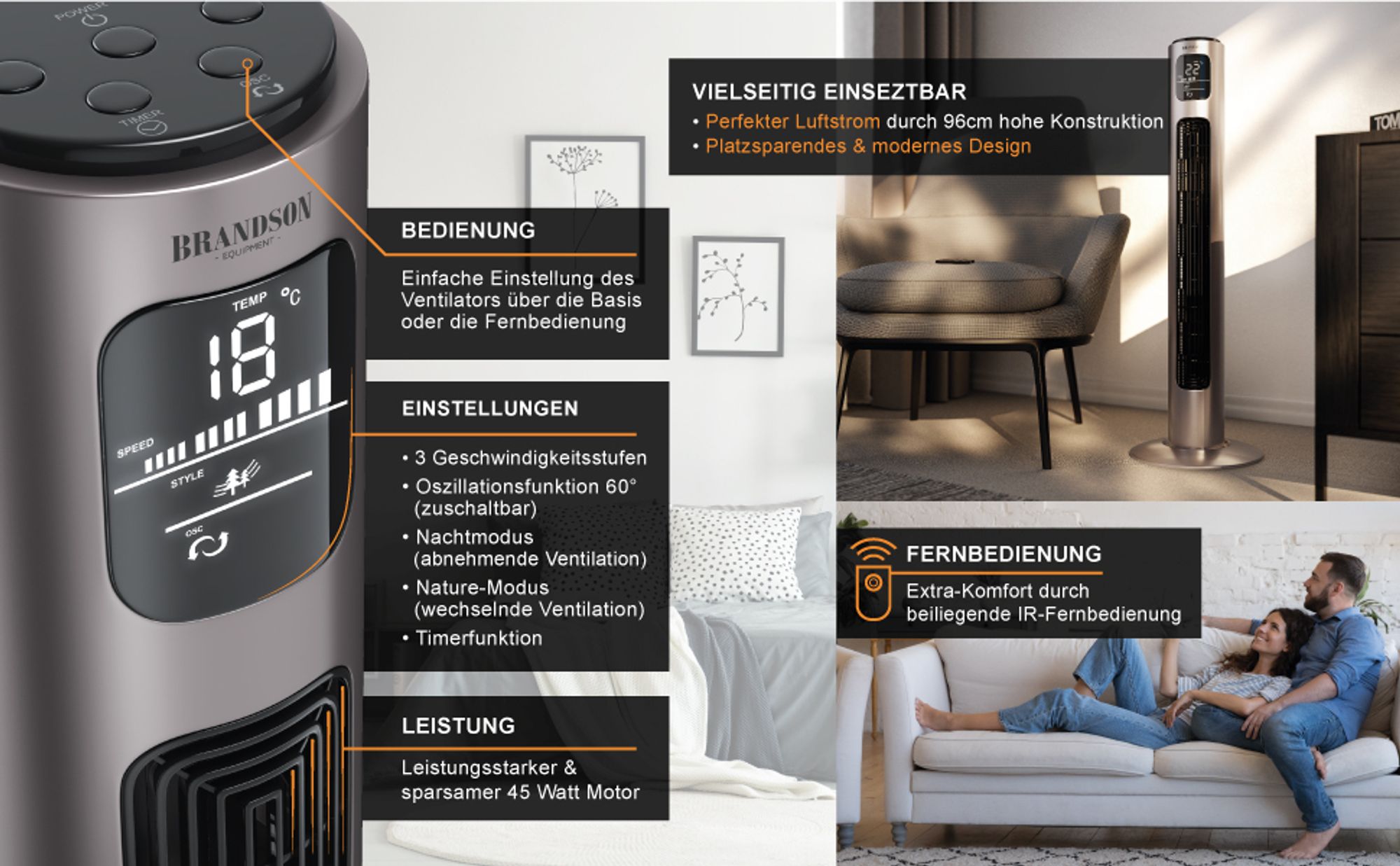 Champagnerfarbener Turmventilator neben Bett mit Holzwand und Nachttisch im modernen Stil