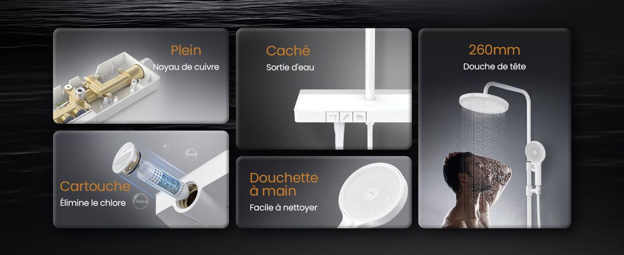 EMKE Système de douche avec thermostat 38℃ - Ensemble de robinetterie de douche en acier inoxydable, douchette à main 3 jets, panneau de douche, douche à effet pluie, robinetterie de salle de bains & douche, blanc F22